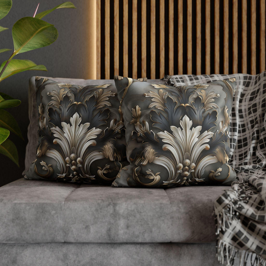 Baroque Pillow Cover: Ornate Gray, Gold, and Black Floral Design