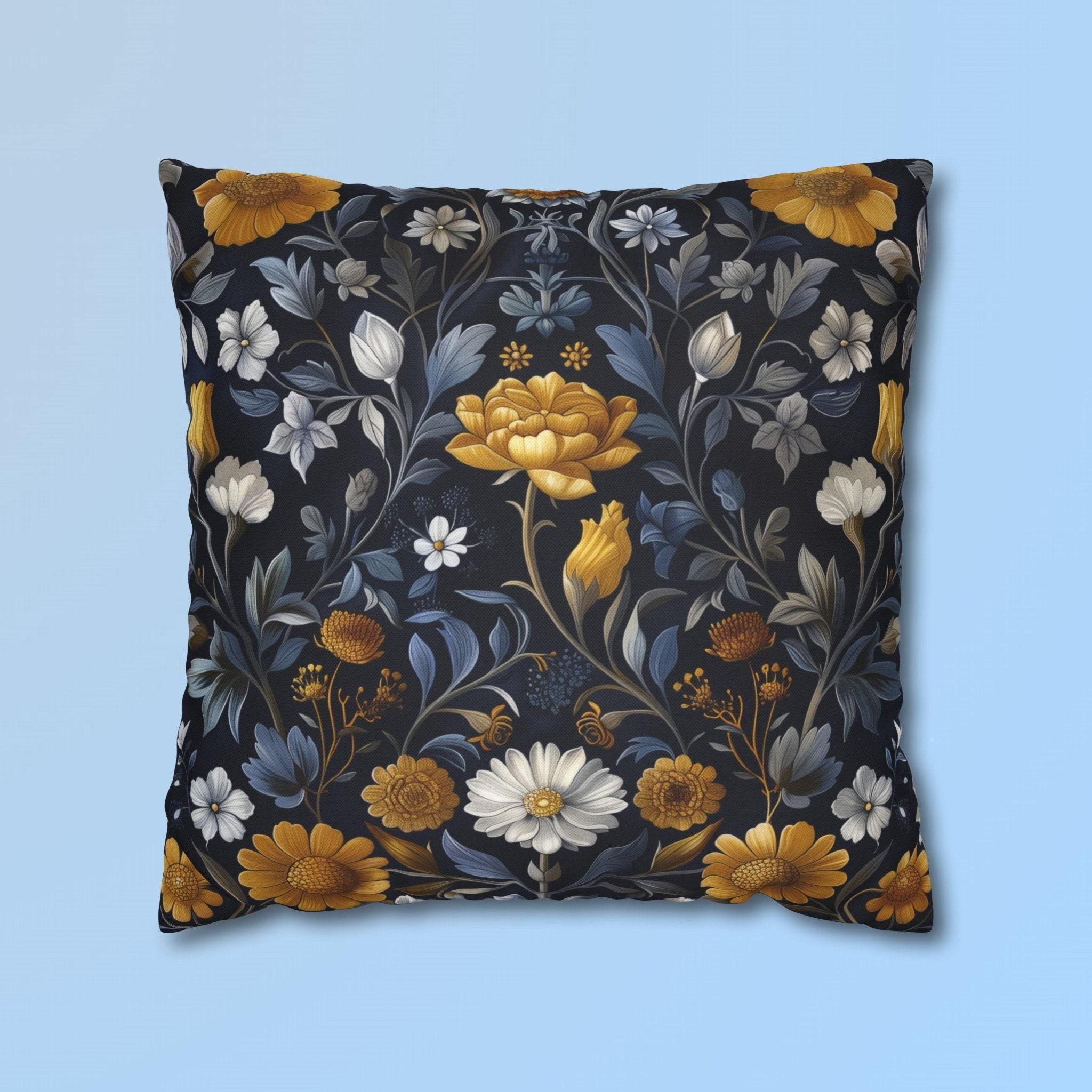 Elegant William Morris Inspired Floral Pillow Cover: Dark Background with Daisies, Tulips & Chrysanthemums