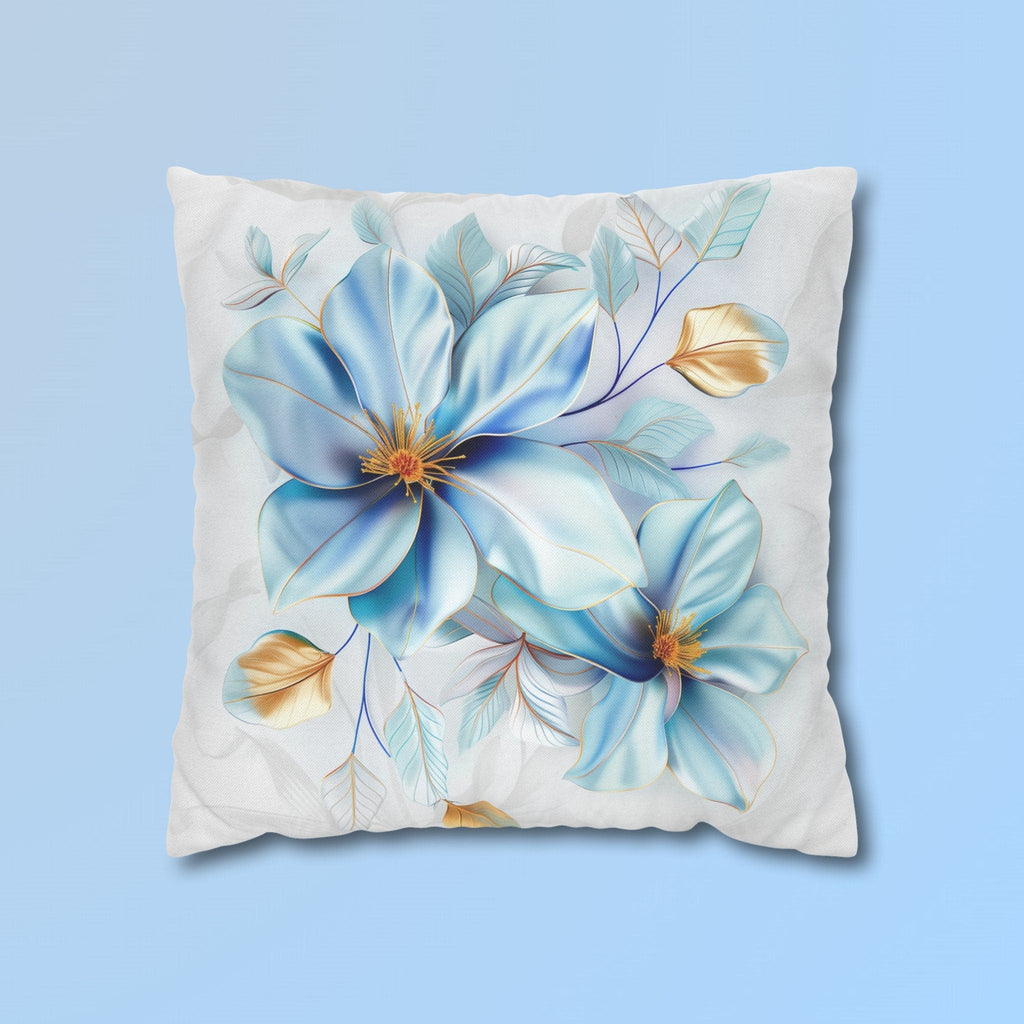 Blue Magnolia Pillow Cover with Golden Accents: Elegant Floral Cushion Case
