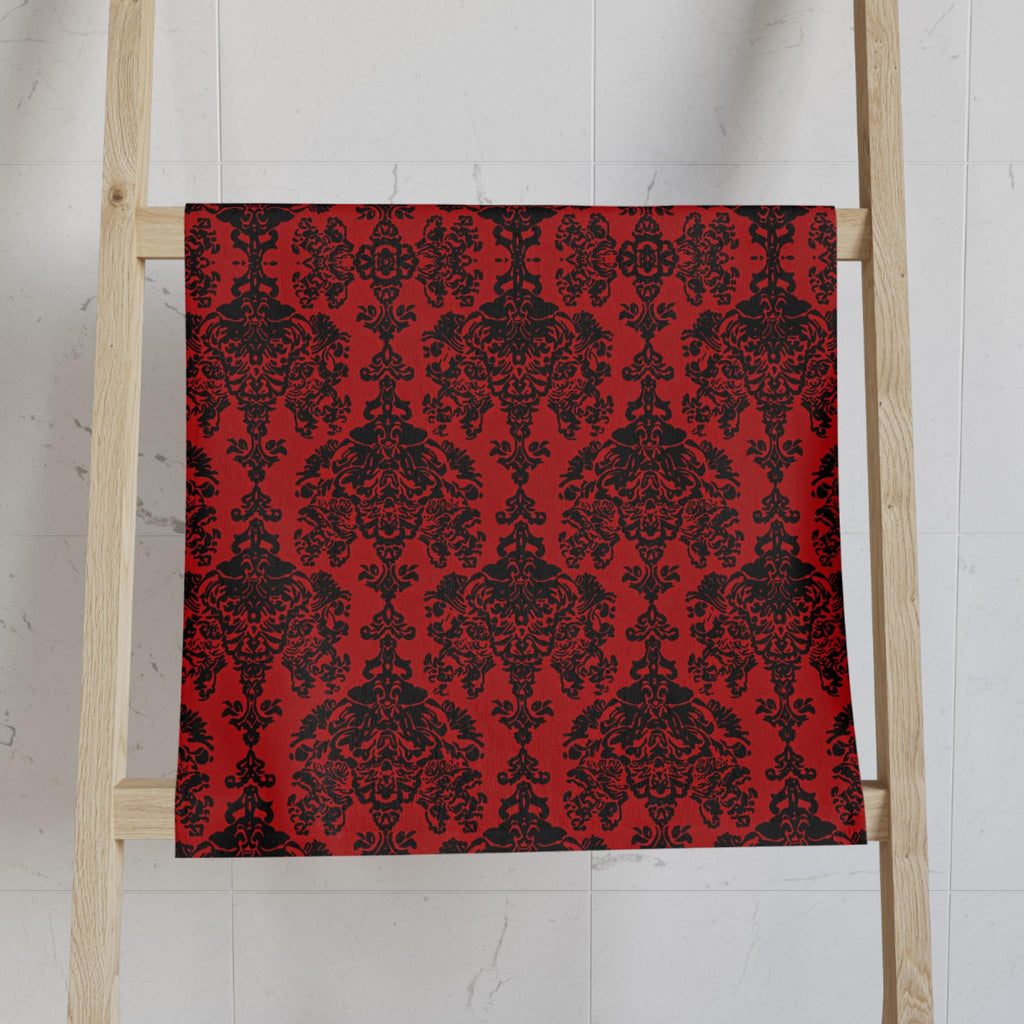 Damask Hand Towel: Black & Crimson Dark Baroque Vampire Gothic Decor