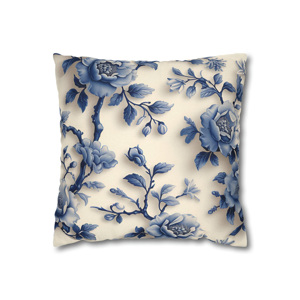 Elegant Chinoiserie Blue Floral Pillow Cover: Porcelain-Inspired Off-White