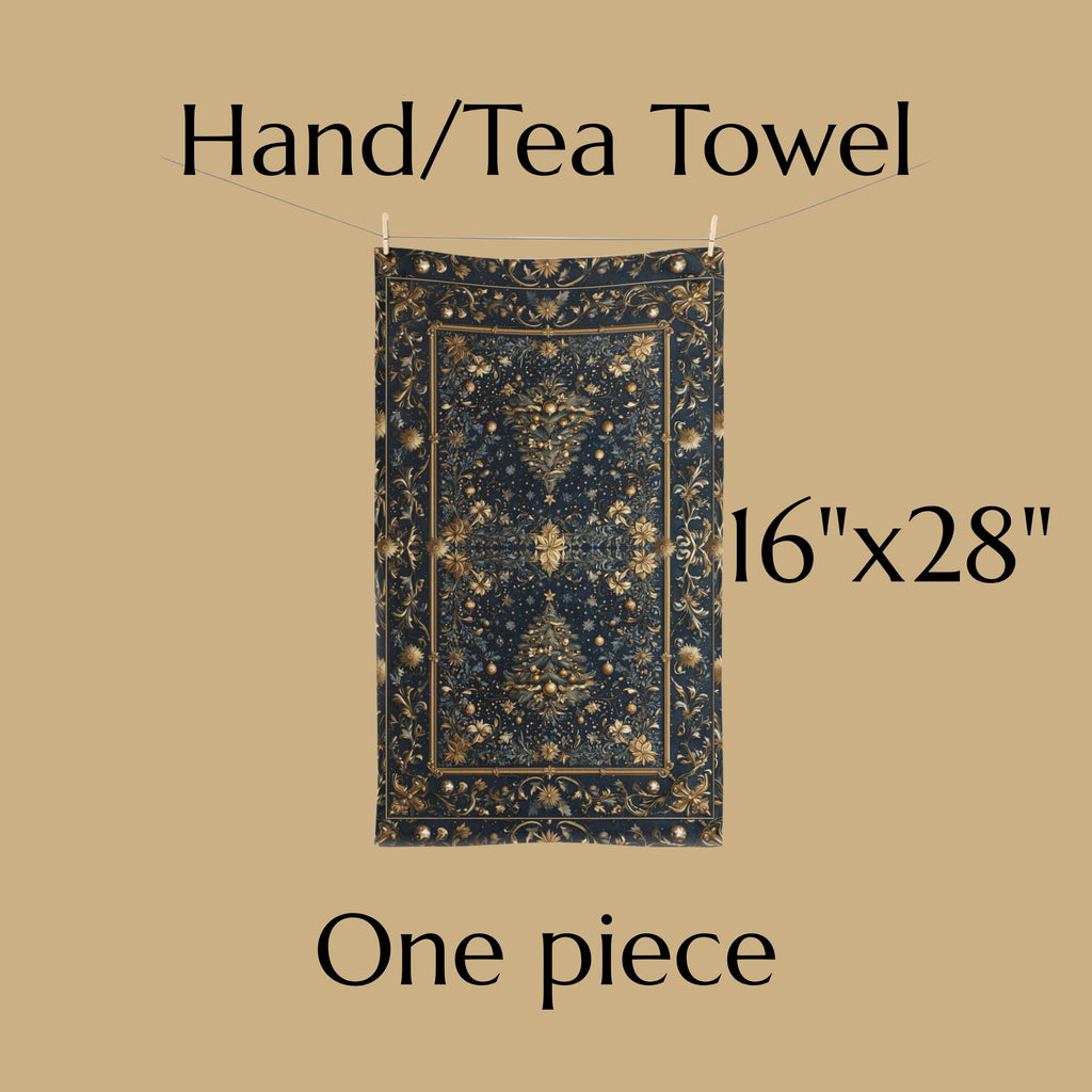 William Morris Inspired Christmas Tree Tea Towel: Gold & Navy Holiday Hand Towel