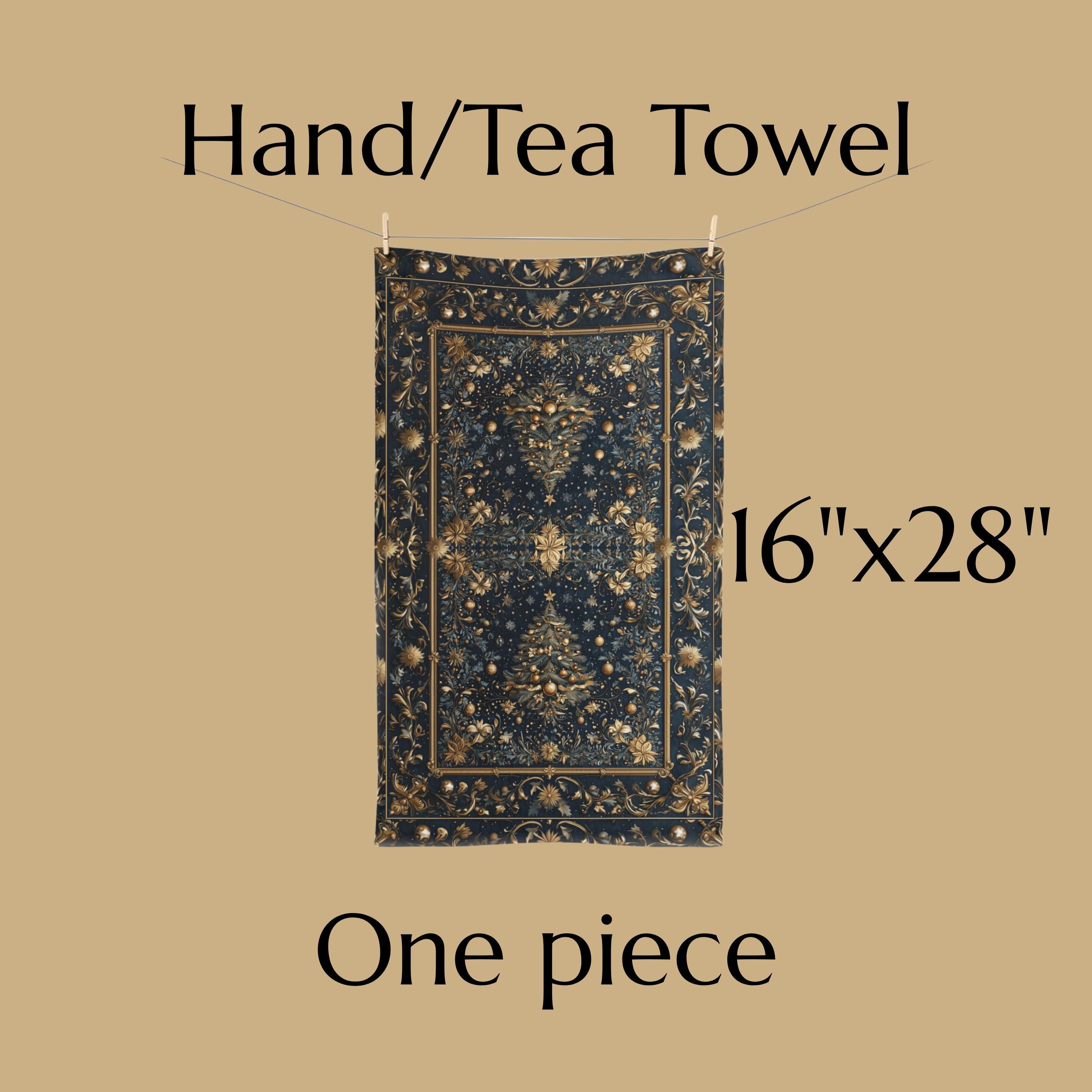 William Morris Inspired Christmas Tree Tea Towel: Gold & Navy Holiday Hand Towel