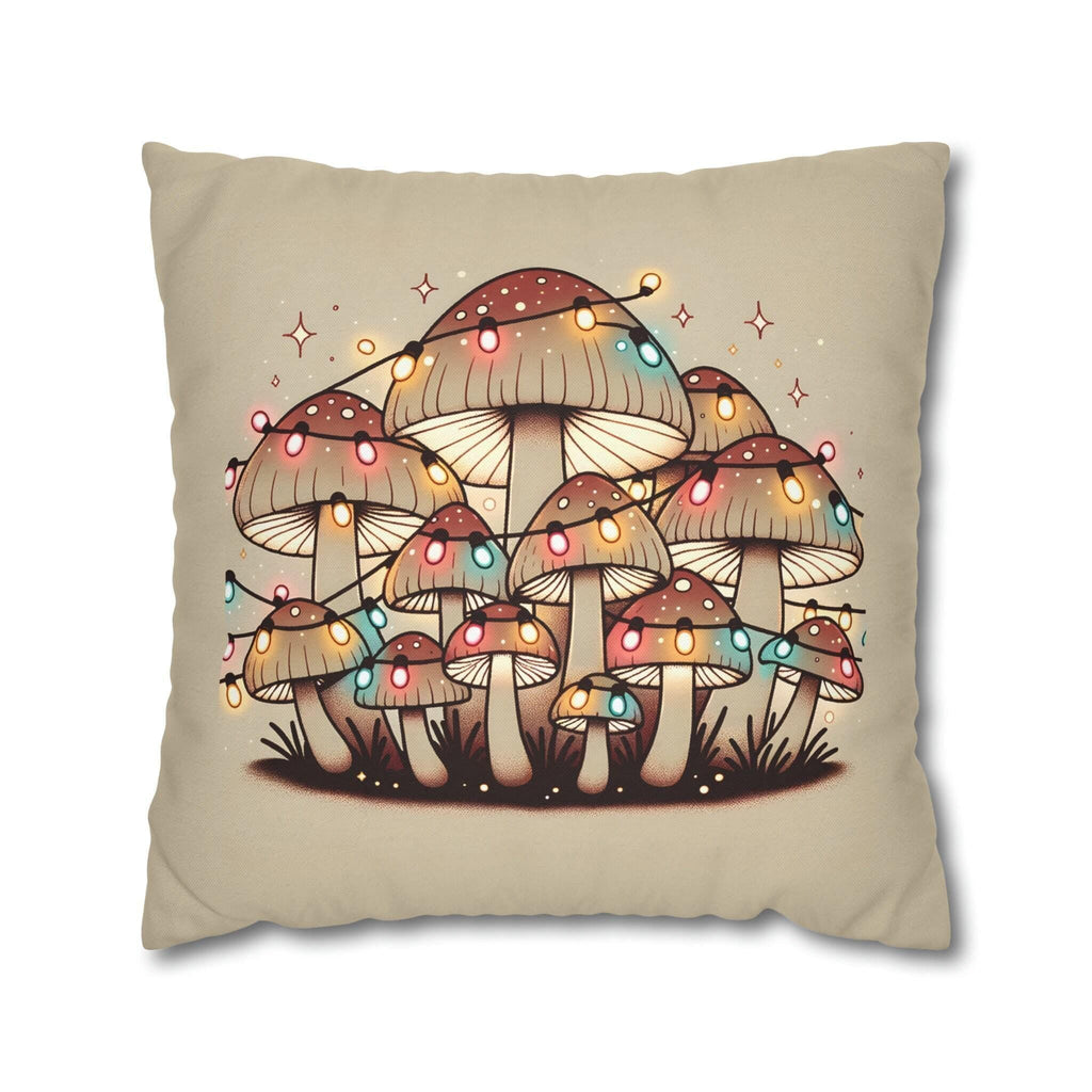 Whimsical Mushrooms Adorned with Colorful Christmas Lights: A Unique Throw Pillow Cover for the Holidays