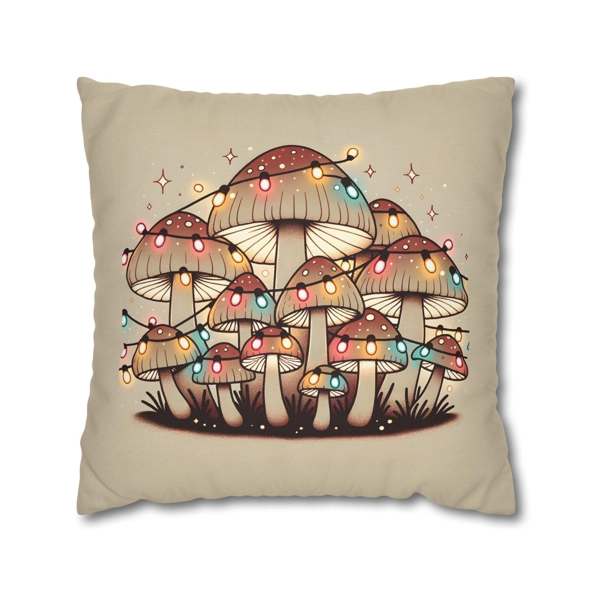 Whimsical Mushrooms Adorned with Colorful Christmas Lights: A Unique Throw Pillow Cover for the Holidays