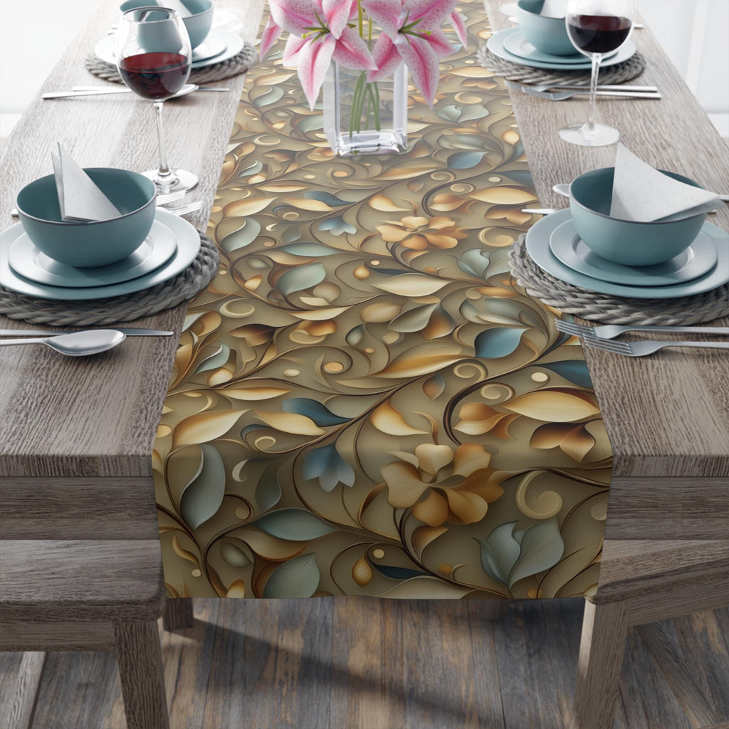 Elegant William Morris Inspired Autumn Leaves Table Runner: Gold, Blue, Sage Botanical Print