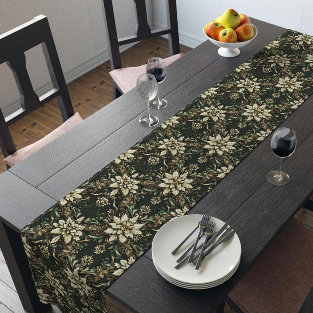 Holiday Poinsettia Table Runner,  Christmas Dining Decor in Red, Green, Gold & Creamy Beige
