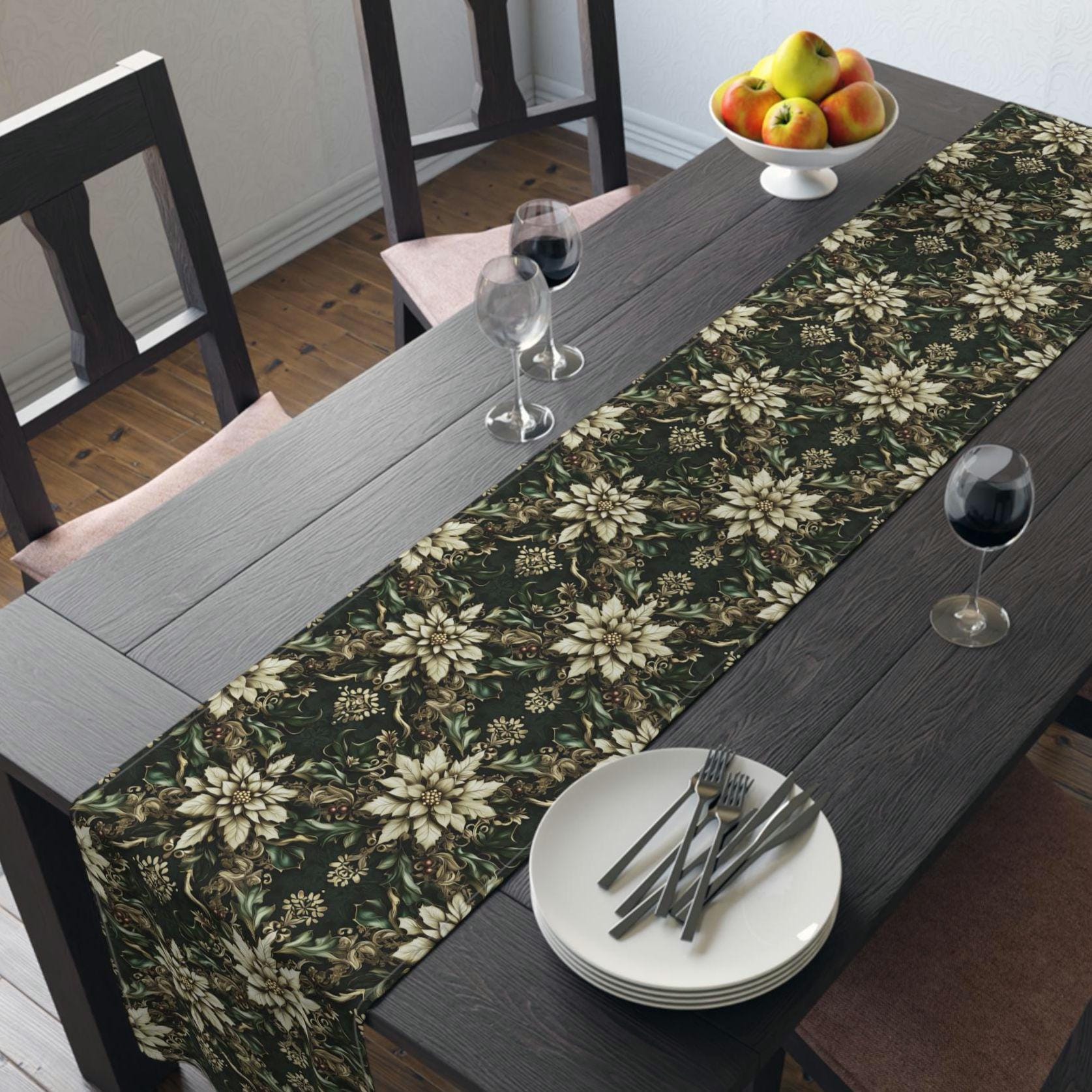 Holiday Poinsettia Table Runner,  Christmas Dining Decor in Red, Green, Gold & Creamy Beige