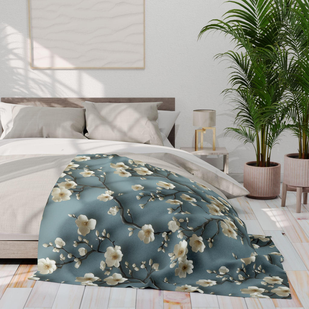 Chinoiserie Fleece Throw: Blue-Teal Gradient with Cream Cherry Blossom Design - Cozy Home Accent