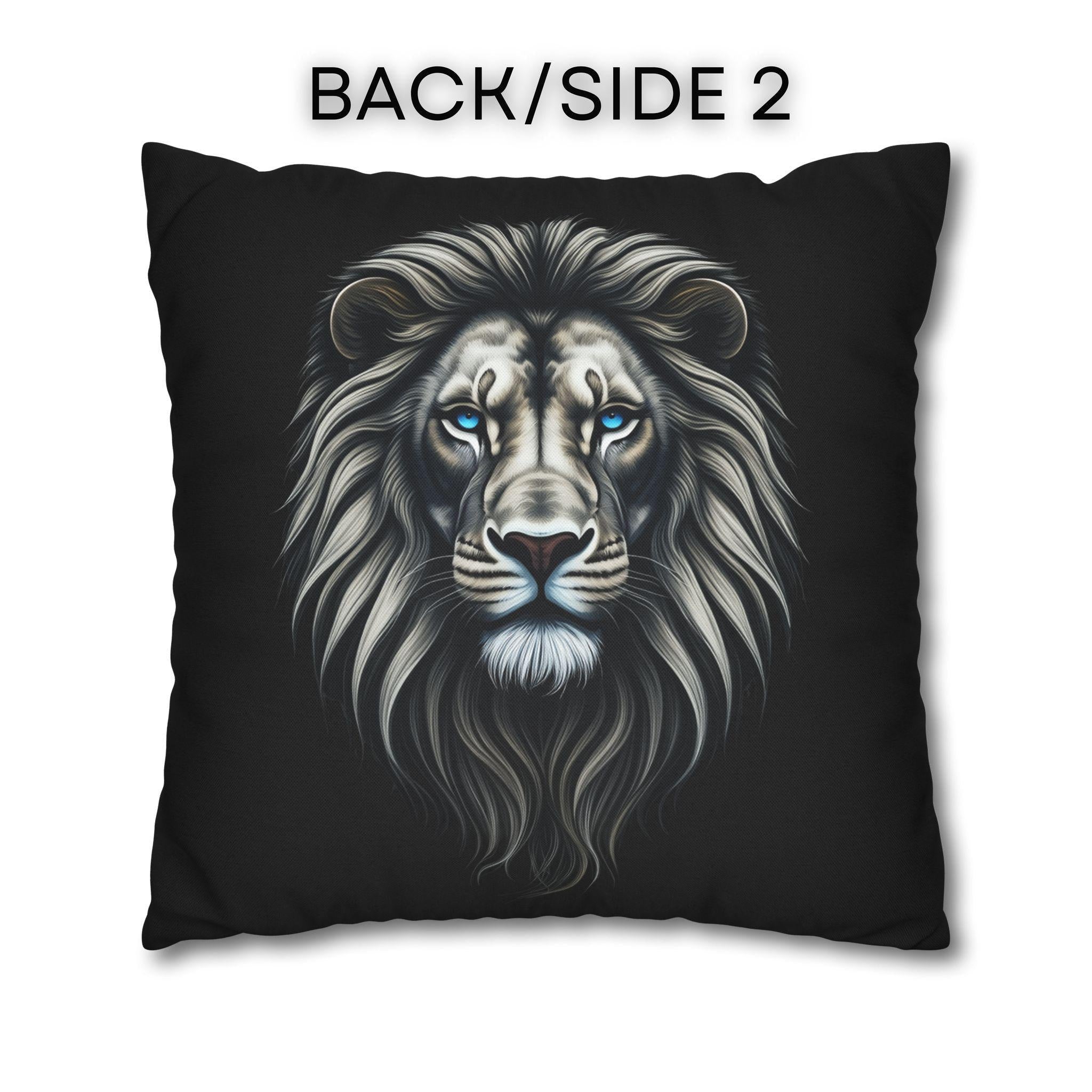 Midnight Mane Lion Pillow Cover: Ice-Blue Gaze Edition