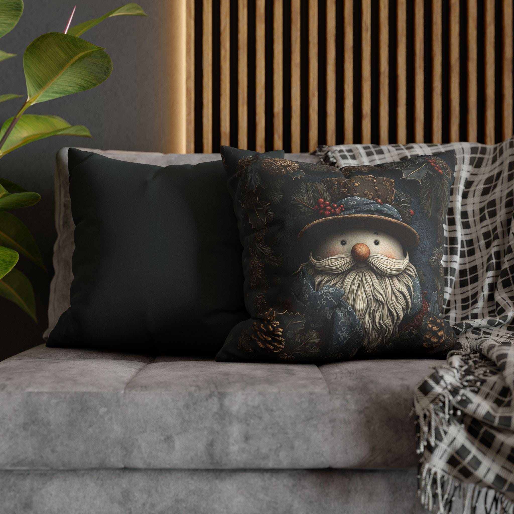William Morris Inspired Christmas Pillow Cover: Rustic Santa Snowman Woodland Pine & Holly Illustration