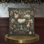 A decorative throw pillow with a floral and fruit pattern, featuring a variety of colors and textures.