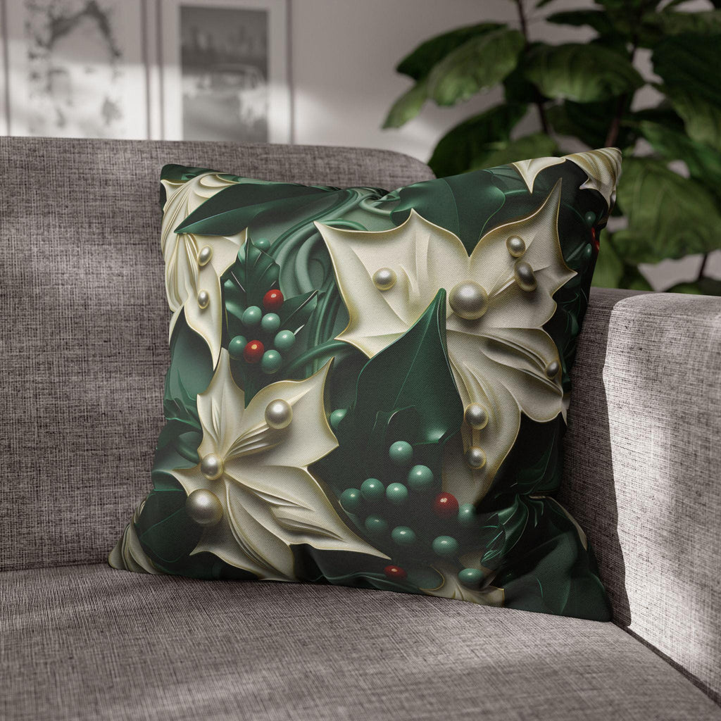 Elegant Holly Leaves & Berries Pillow Cover: Winter Emerald Green Decor with Smooth Design