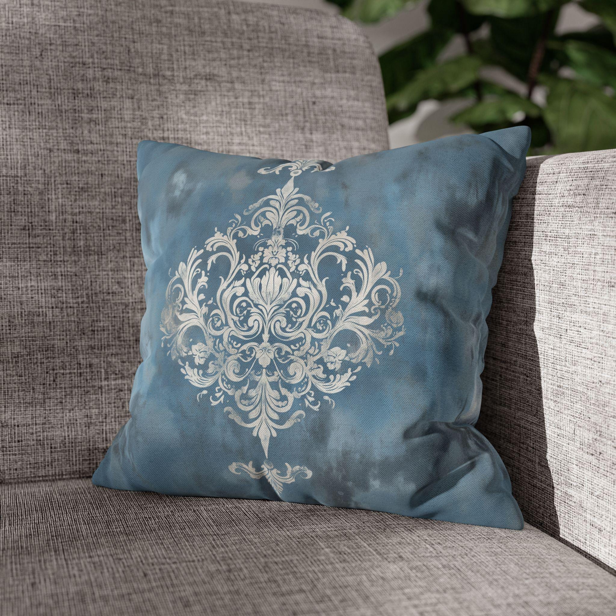 Silvery White Damask Pillow Cover: Blue-Gray Vintage Accent