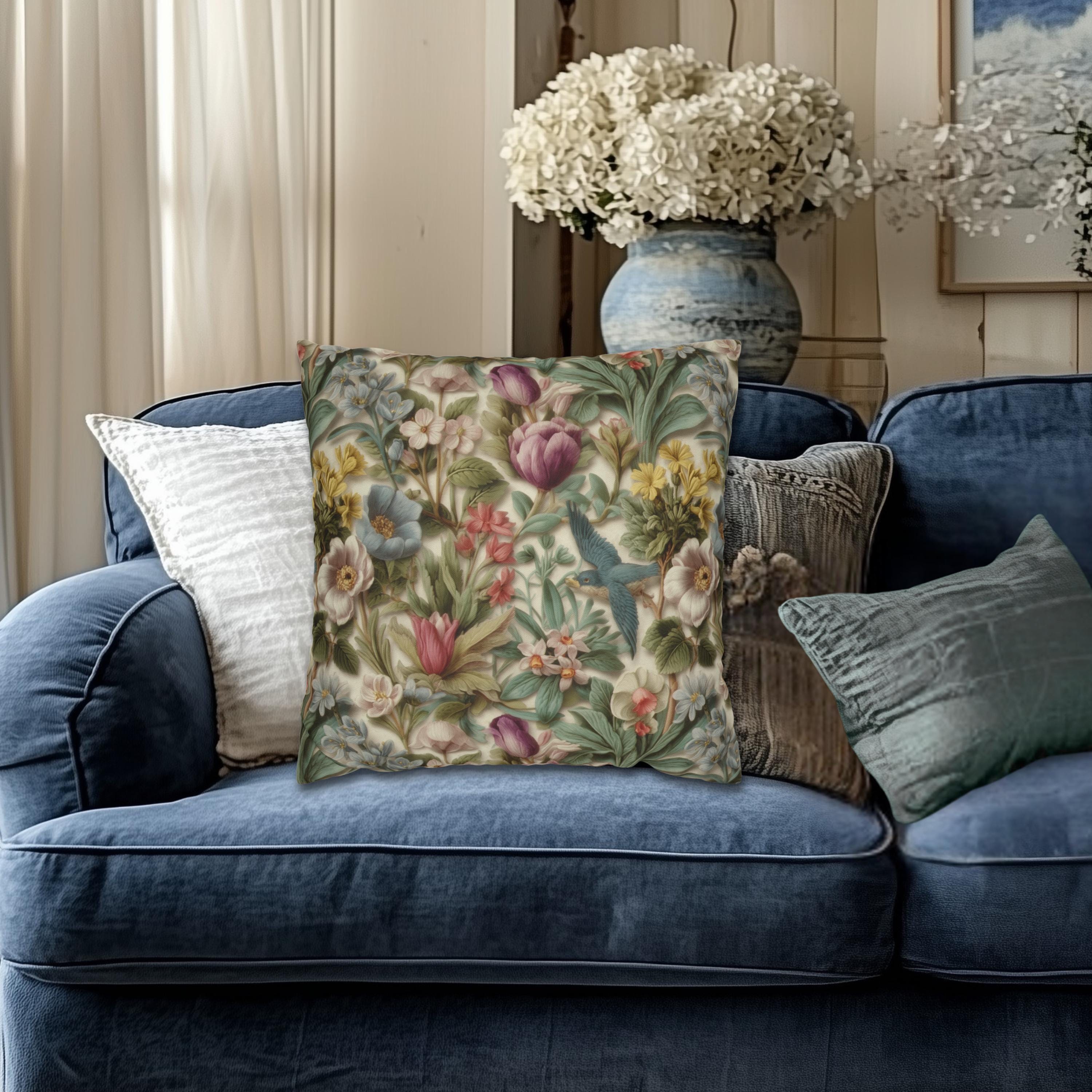 Stylized Botanical Pillow Cover: Floral & Songbird Garden in Soft Pastels