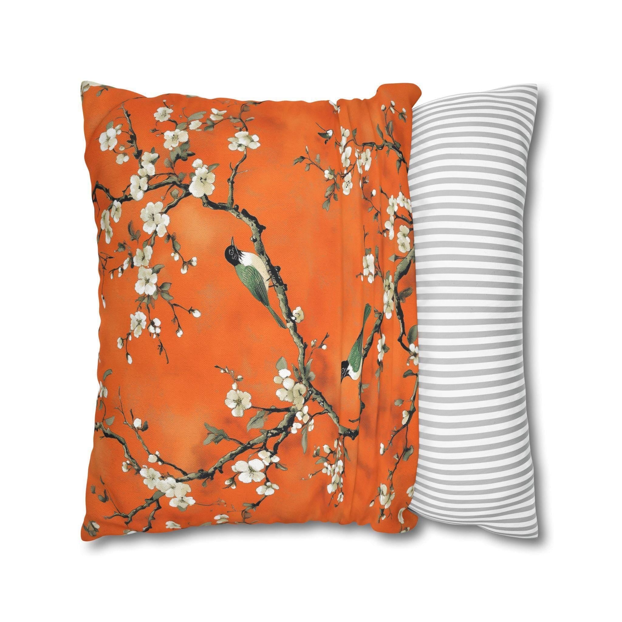 Elegant Chinoiserie Pillow Cover: Burnt Orange with White Blossoms and Birds for Asian-Inspired Decor