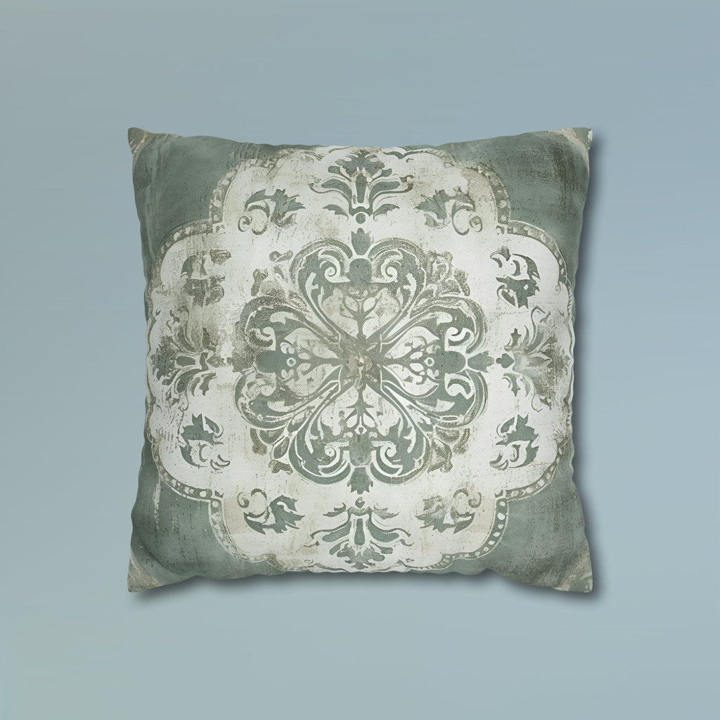 Vintage-Inspired French Farmhouse Pillow Cover: Faded White Medallion on Sage Green, Rustic Elegance