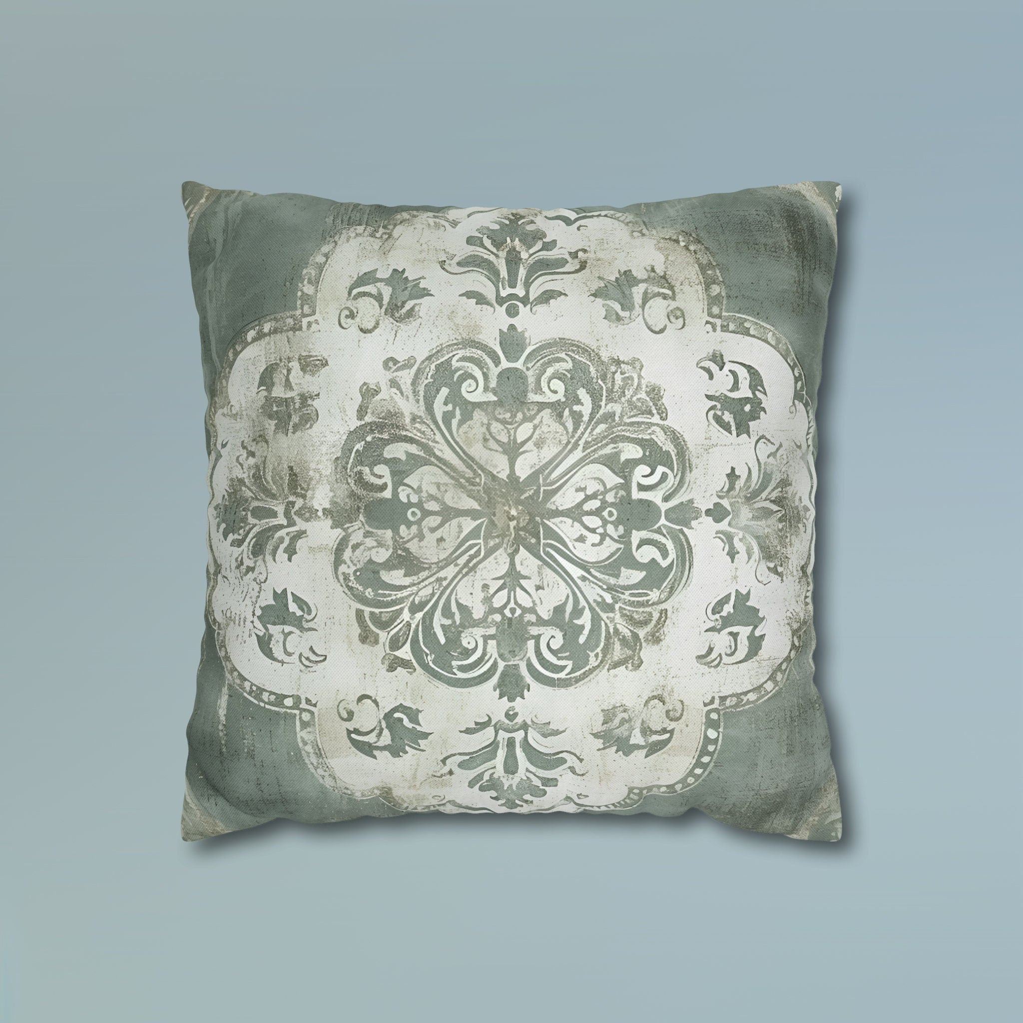 Vintage-Inspired French Farmhouse Pillow Cover: Faded White Medallion on Sage Green, Rustic Elegance