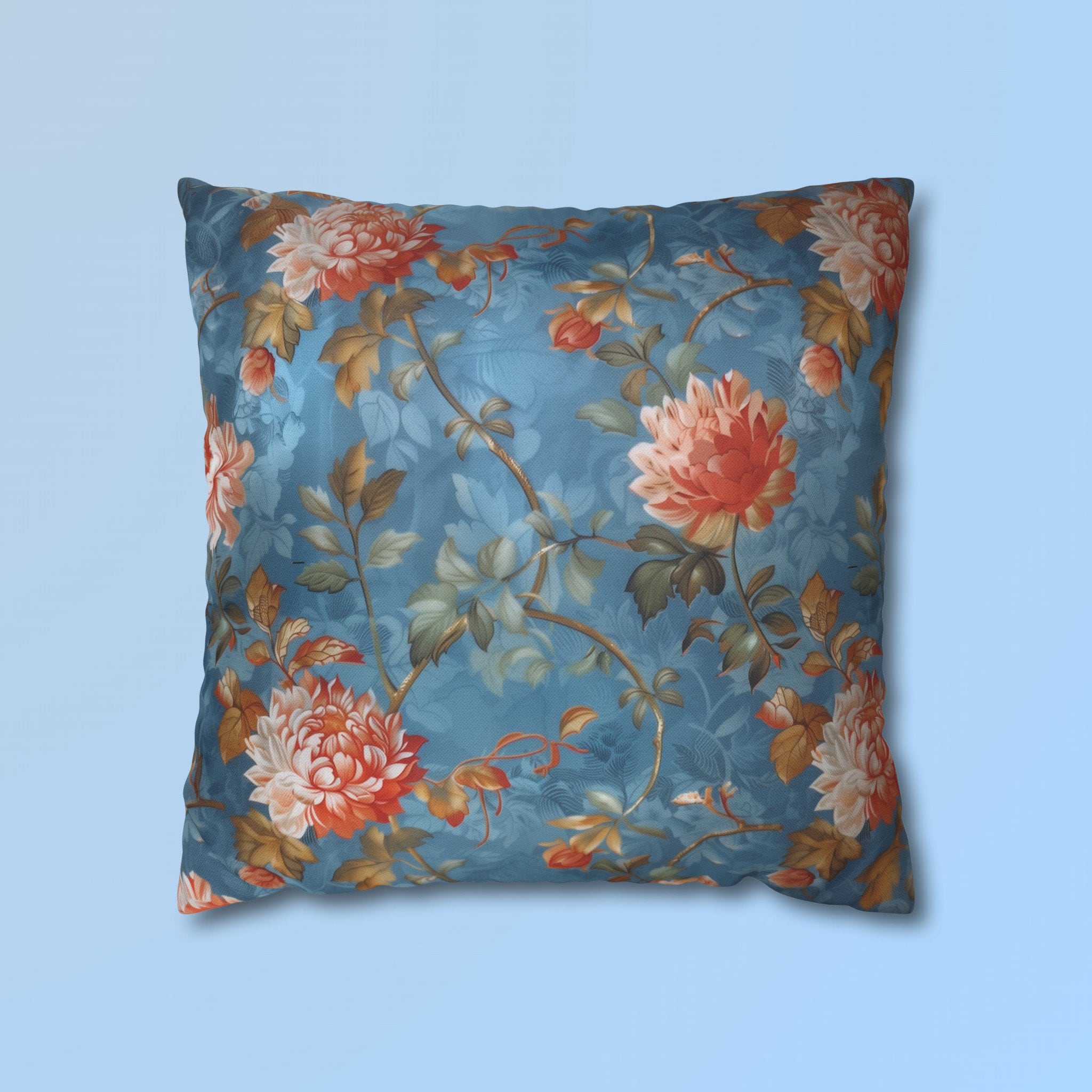 Chinoiserie Pillow Cover: Vintage Inspired Floral Peonies on Blue
