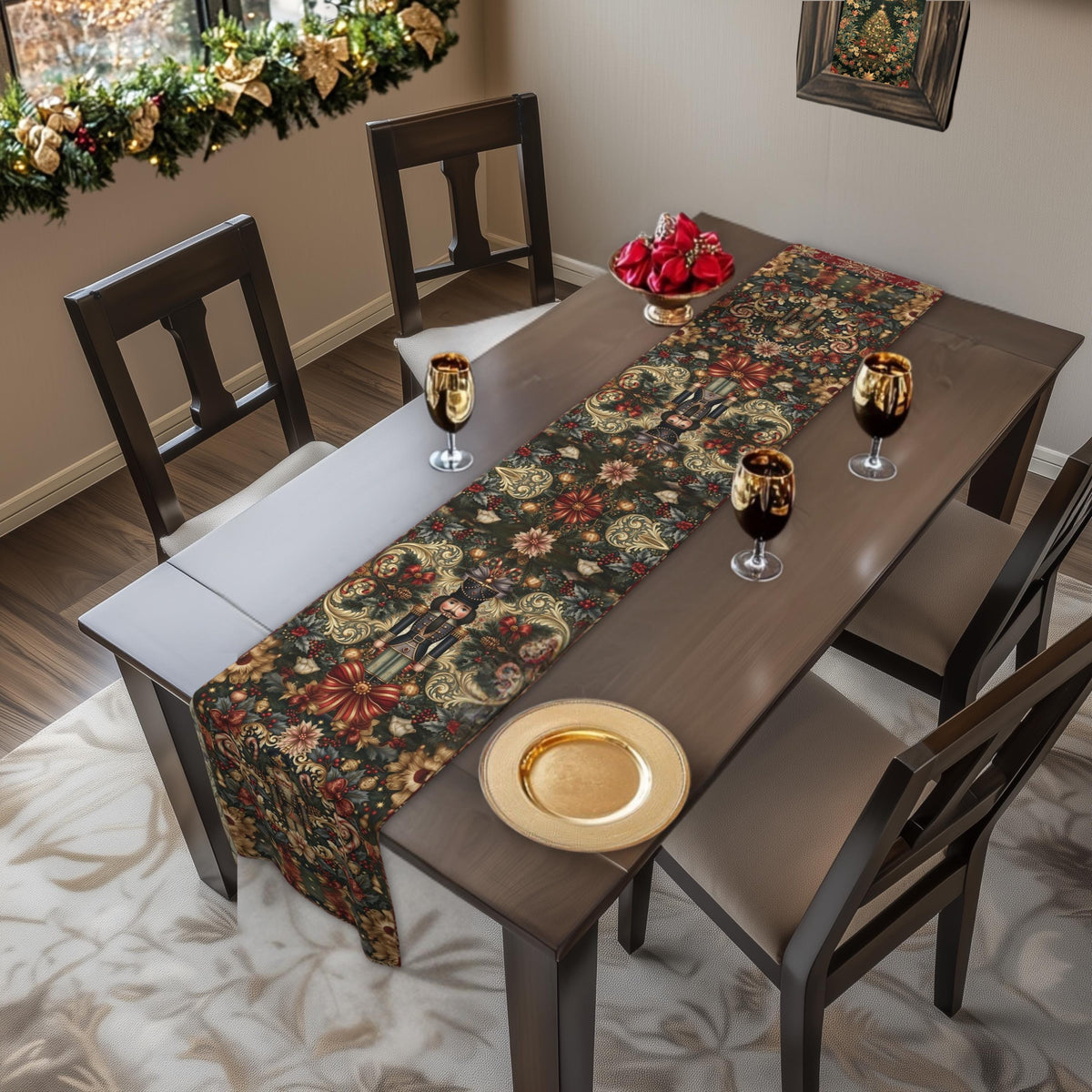 William Morris Nutcracker Christmas Table Runner: Red, Green, Gold Vintage Style Holiday Dining