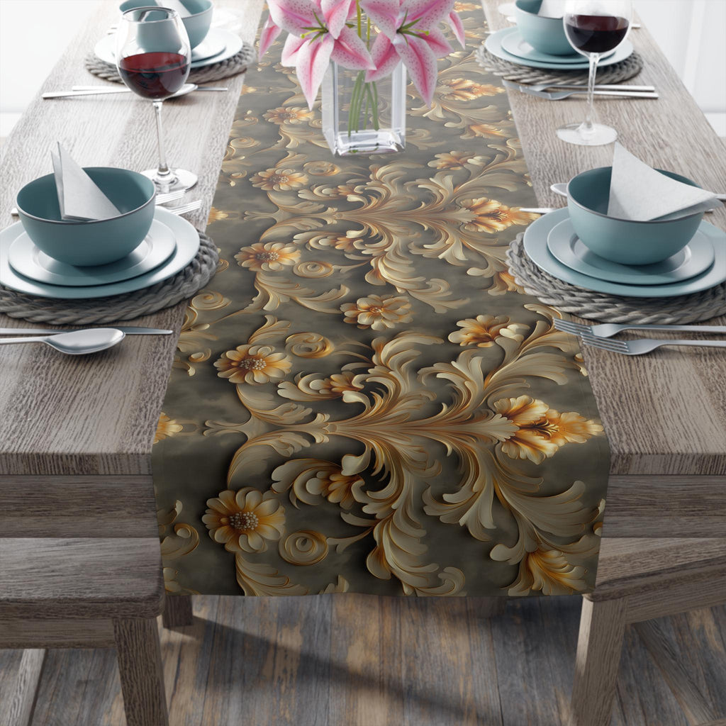 French Damask Table Runner, Golden Floral Elegant Home Decor