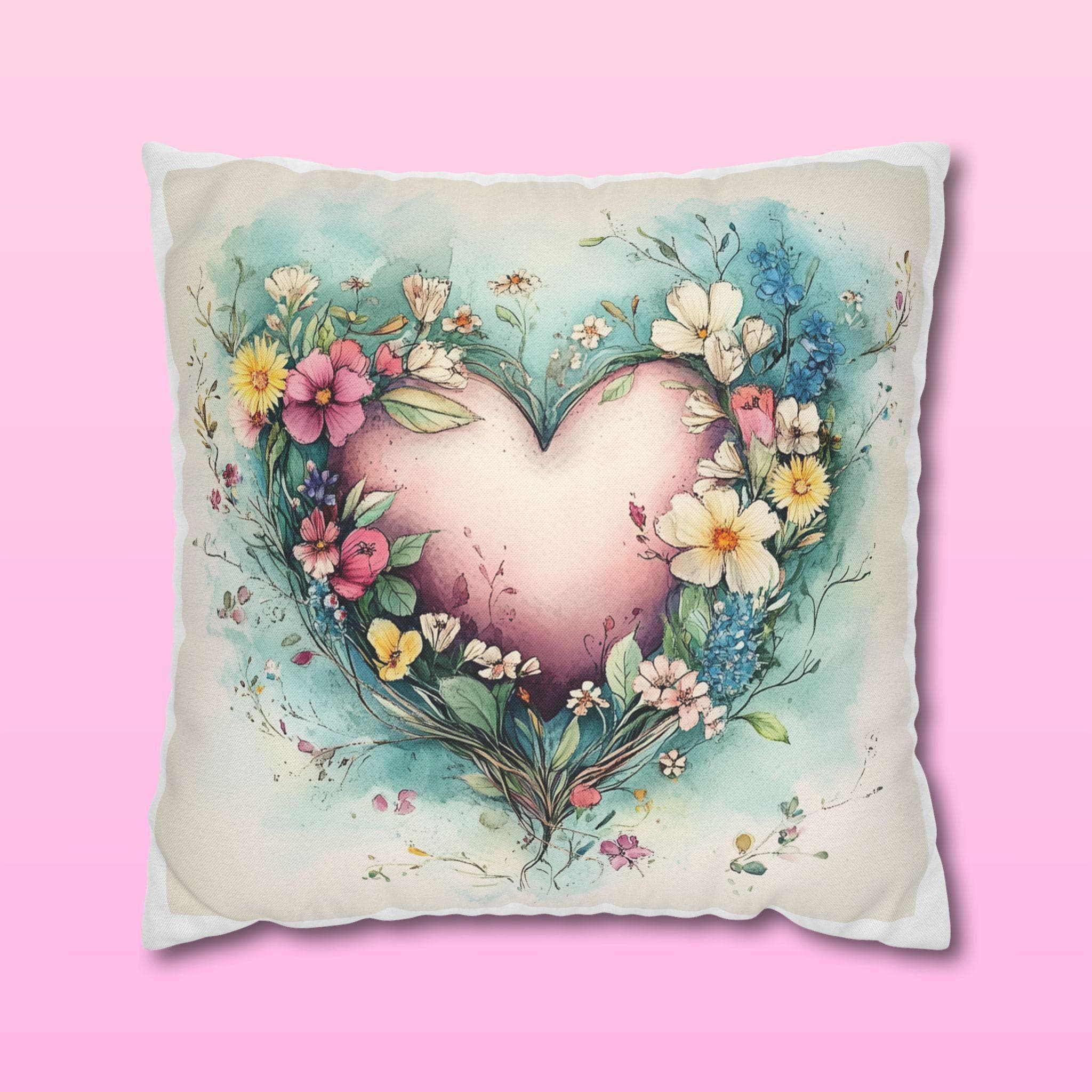 Heart-shaped Floral Wreath Pillowcase: Pastel Watercolor Cushion Cover for Romantic Home Decor