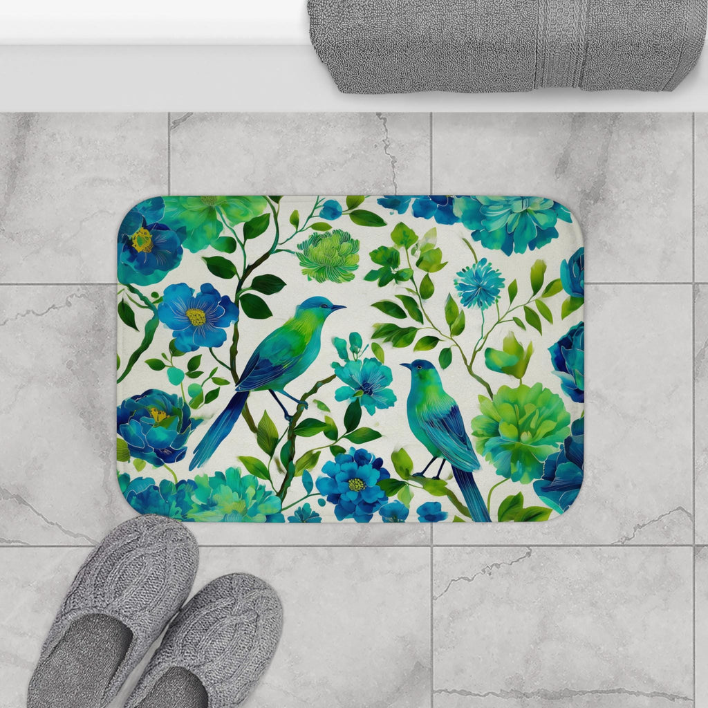 Elegant Chinoiserie Bath Mat: Blue-Green Bird & Floral Design for Stylish Bathroom Accent
