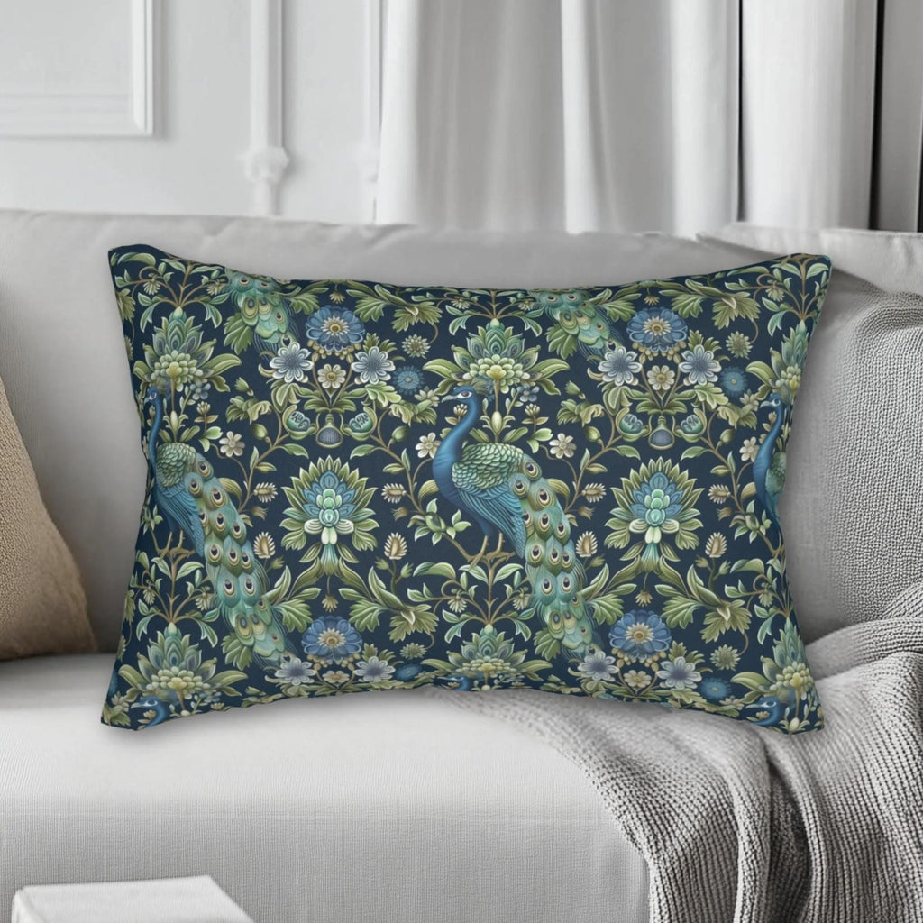 Peacock Lumbar Pillow: Navy Blue, Green, and Cream Floral Design