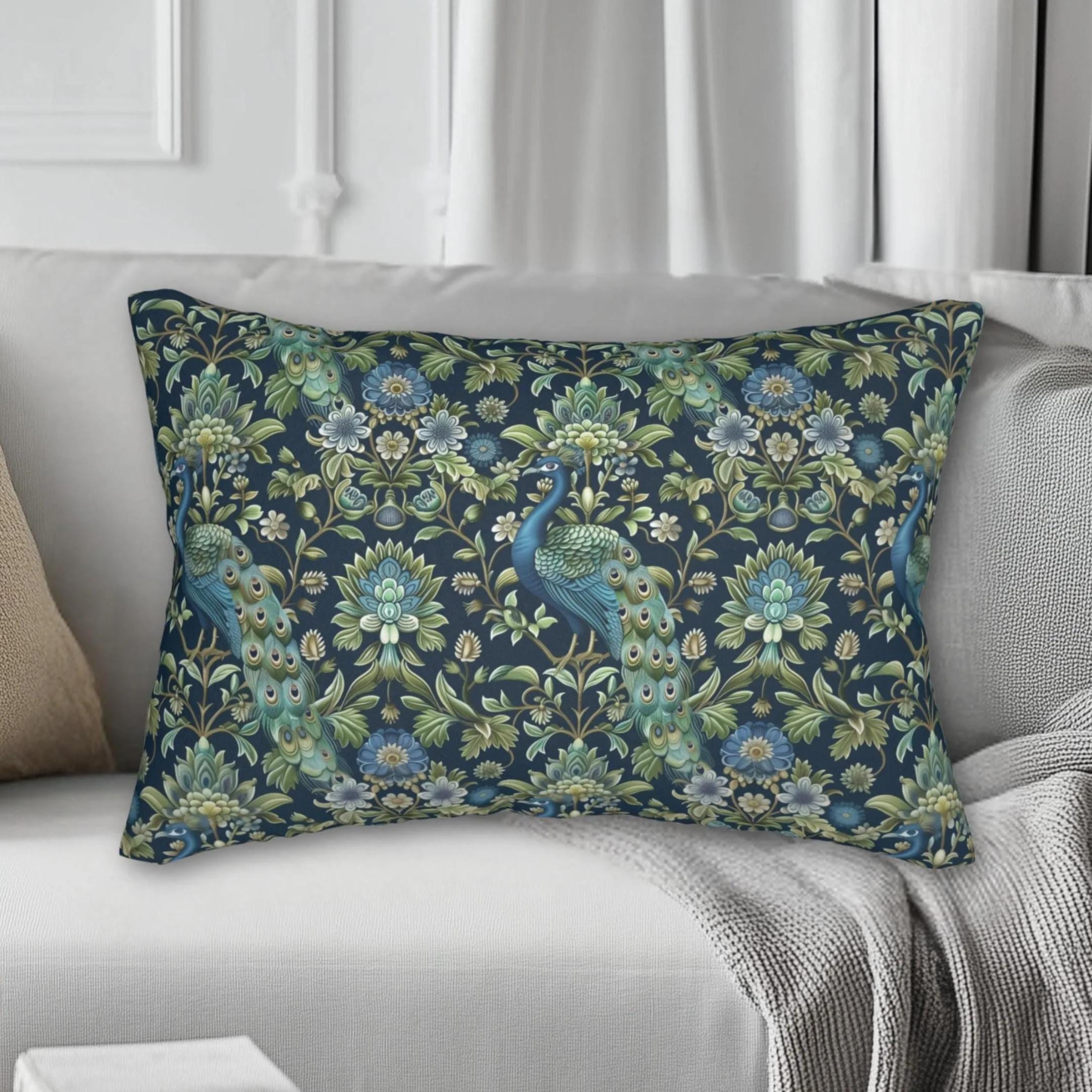 Peacock Lumbar Pillow: Navy Blue, Green, and Cream Floral Design
