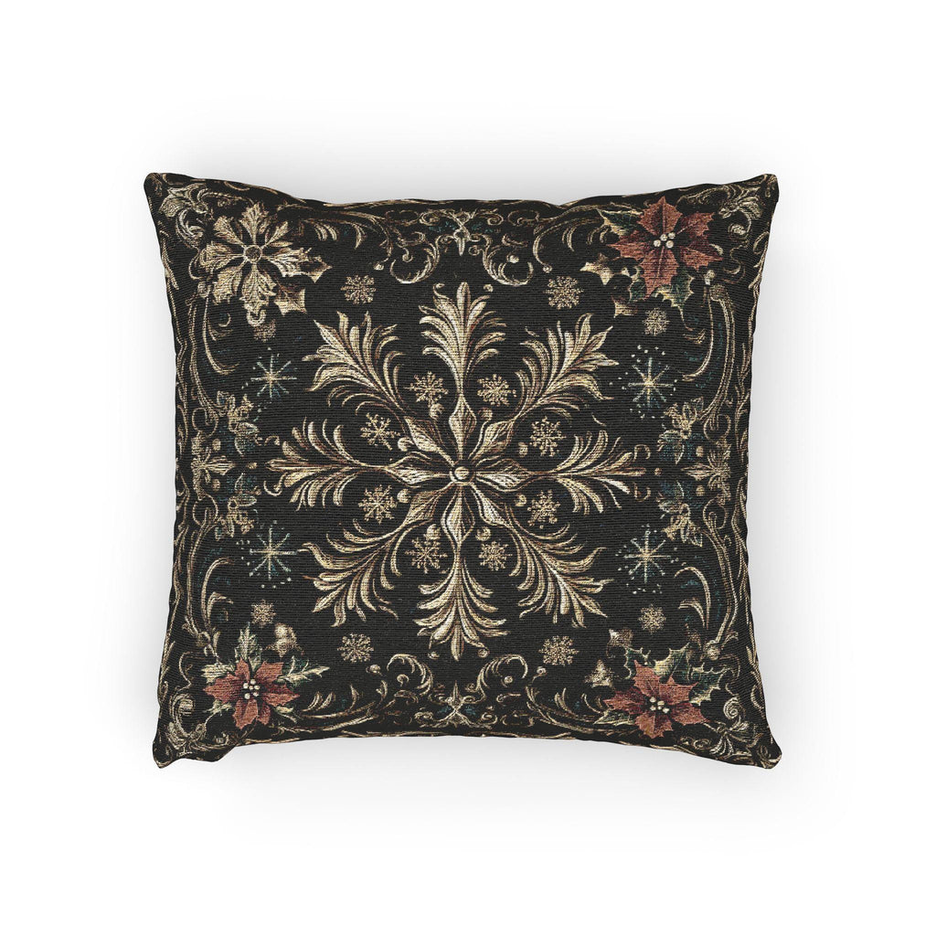 Christmas Woven Throw Pillow, Ivory Gold Snowflakes and Red Poinsettias on Deep Charcoal