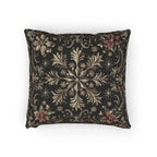 Christmas Woven Throw Pillow, Ivory Gold Snowflakes and Red Poinsettias on Deep Charcoal