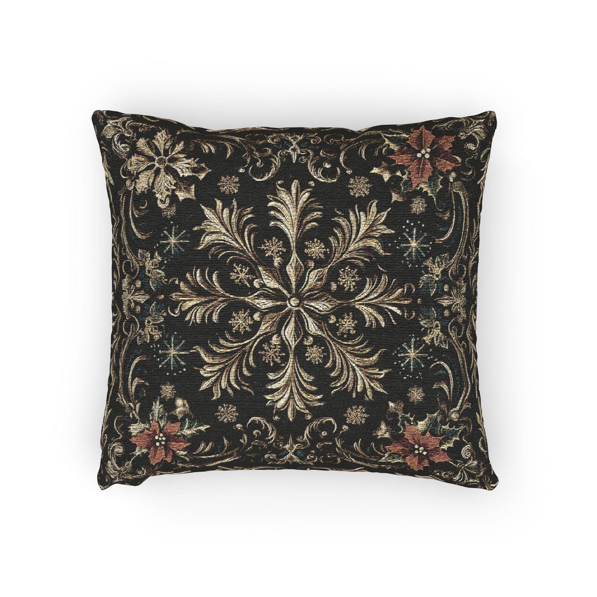 Christmas Woven Throw Pillow, Ivory Gold Snowflakes and Red Poinsettias on Deep Charcoal