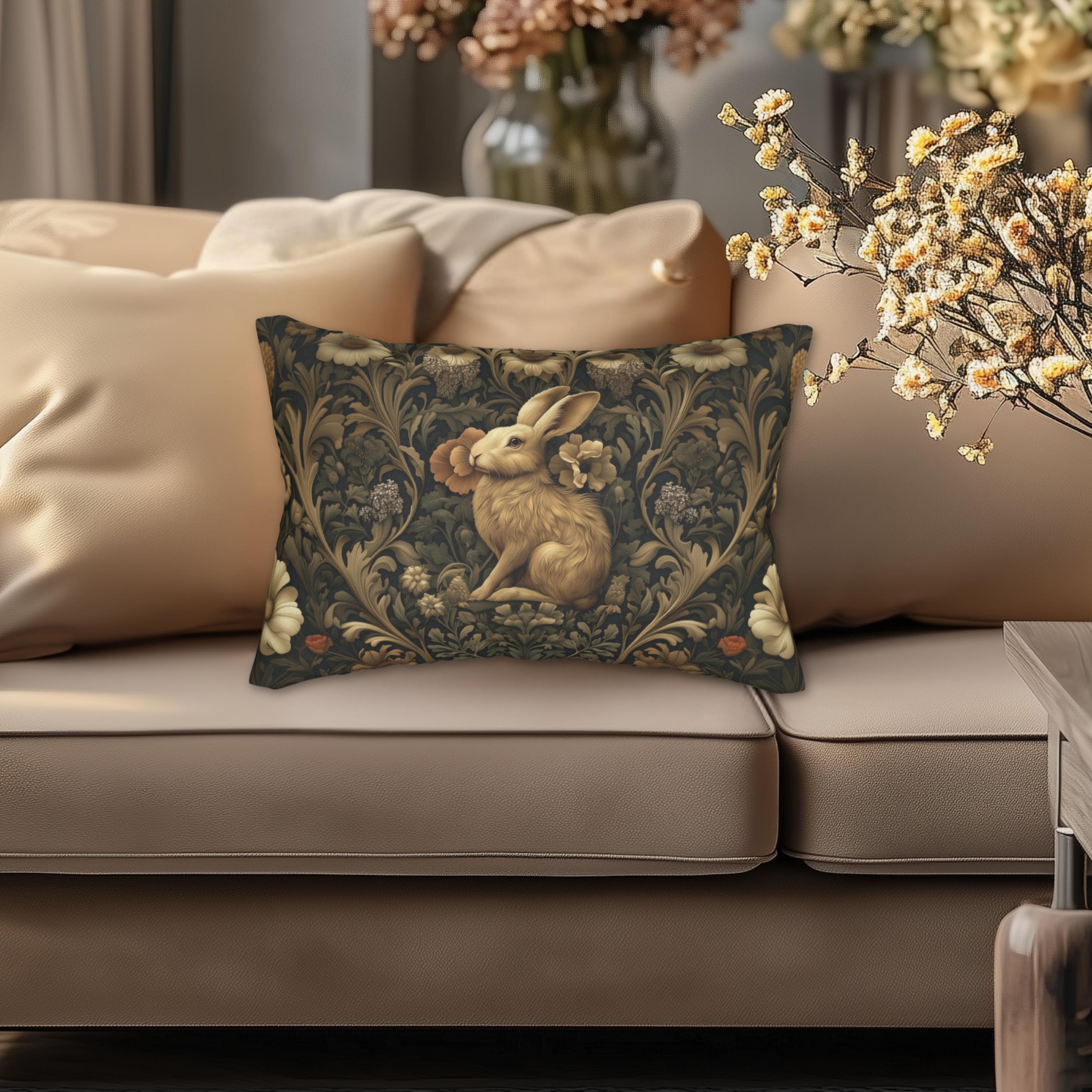 William Morris Inspired Wild Hare Lumbar Pillow: Garden Botanical Woodland Design