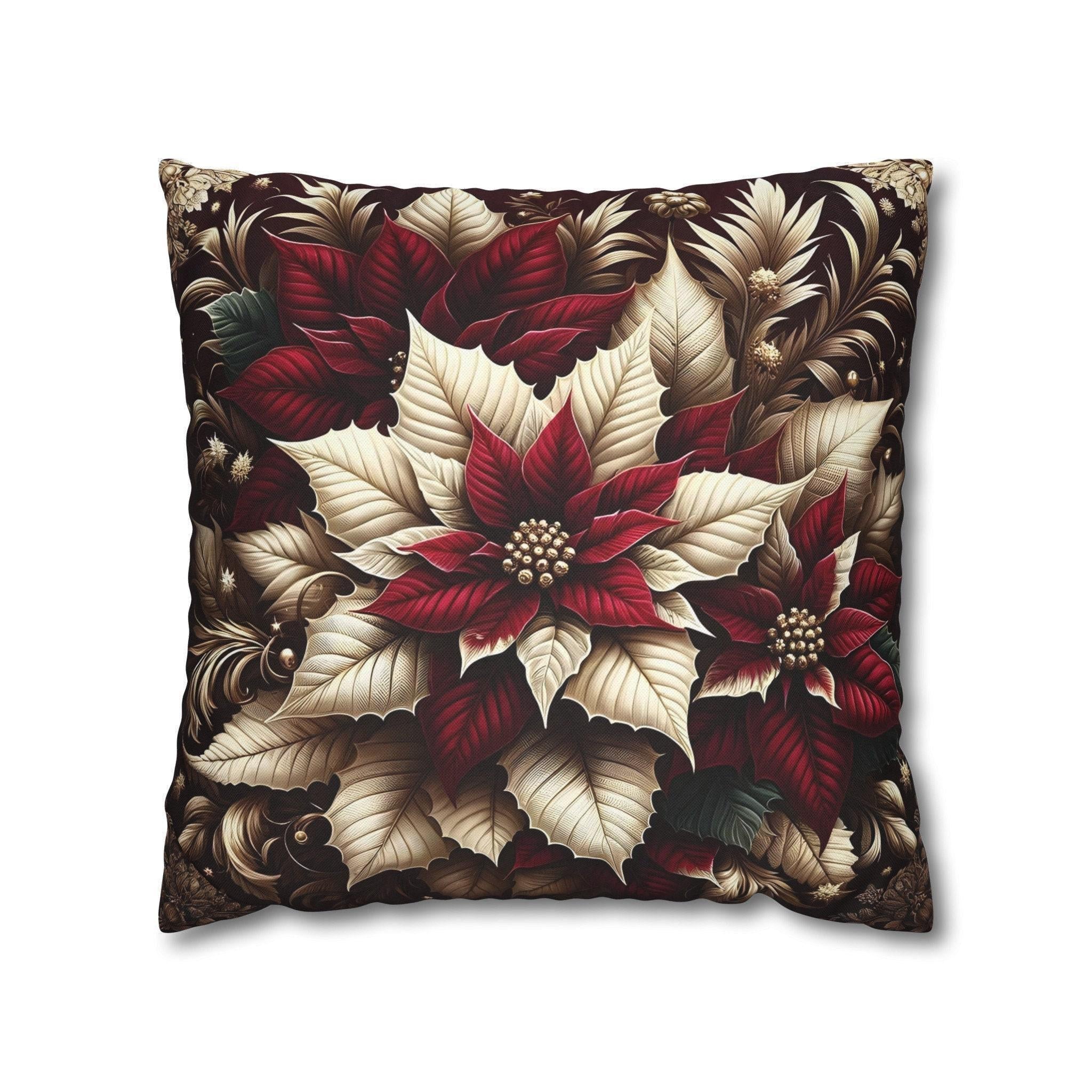 Sophisticated Burgundy & Gold Poinsettia Christmas Pillow Cover | Elegant Holiday Decor