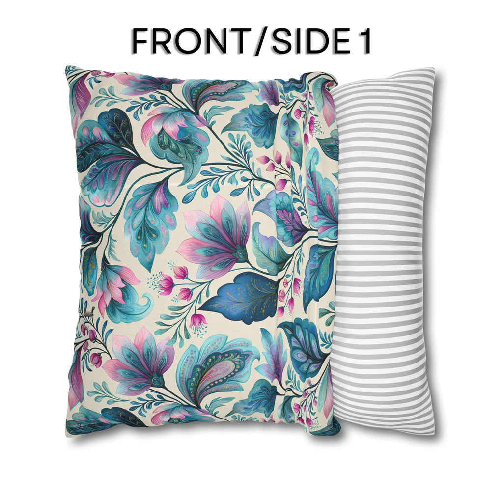 Botanical Paisley Pillow Cover: Watercolor Jewel Tone in Teal, Aqua, Violet and Pink