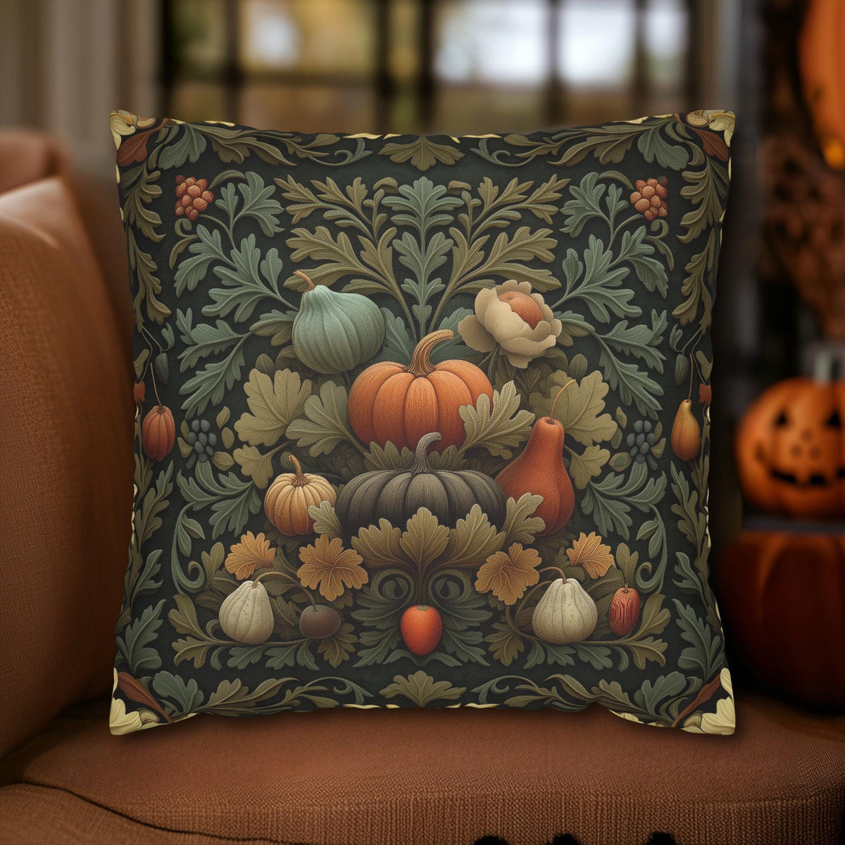 William Morris Inspired Fall Pillow Cover: Sage, Brown & Gold Vintage Style Tapestry