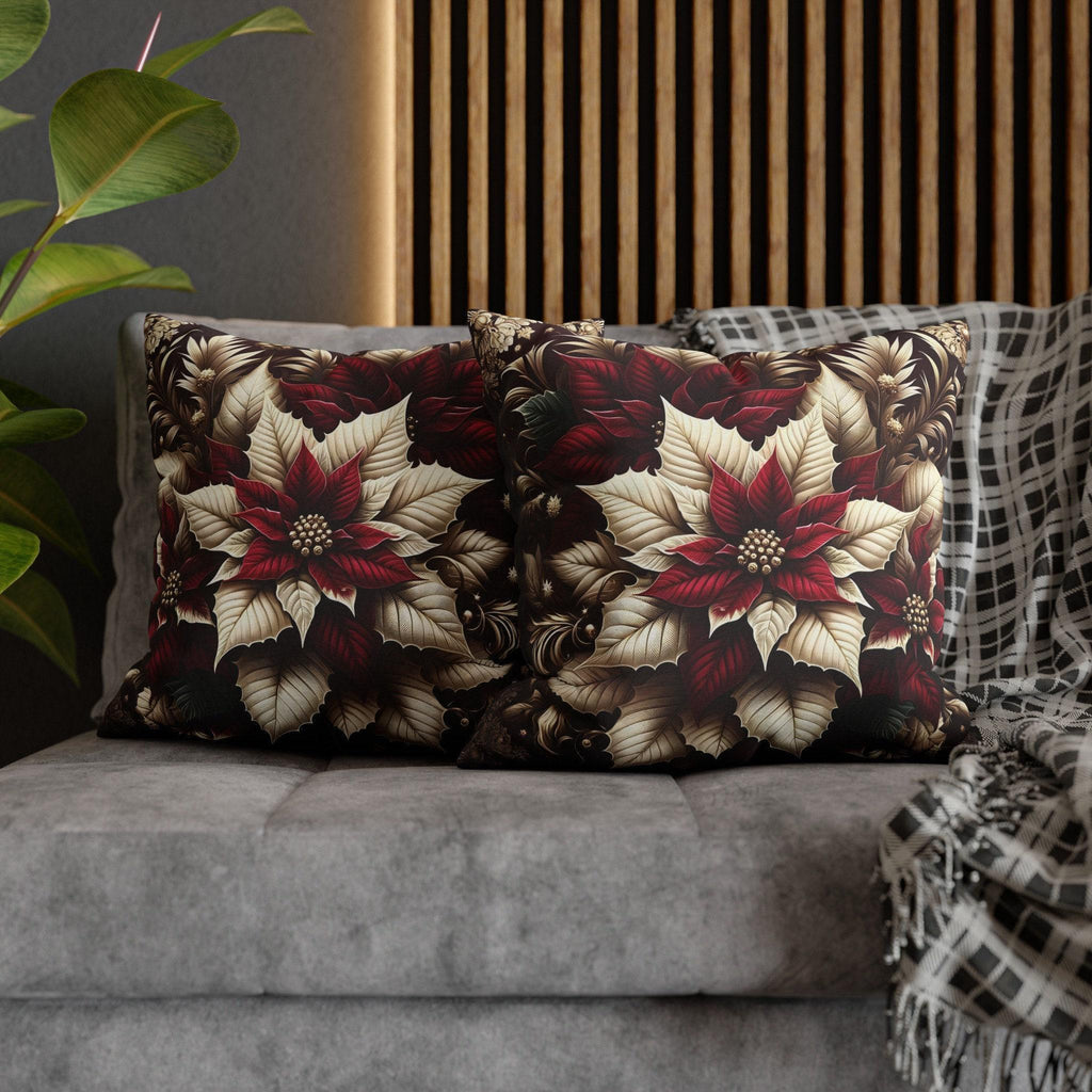 Sophisticated Burgundy & Gold Poinsettia Christmas Pillow Cover | Elegant Holiday Decor