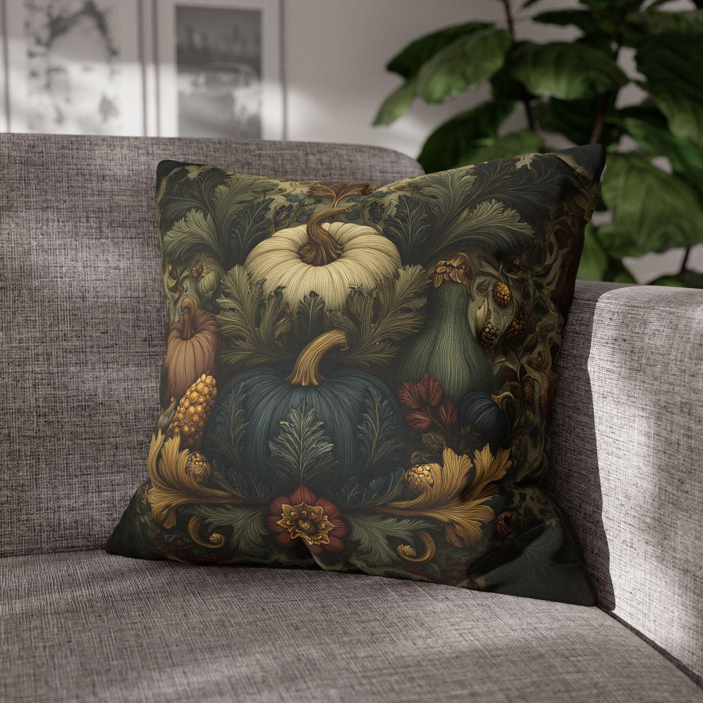 William Morris Inspired Autumn Harvest Tapestry Pillow Cover: Deep Teal with Ivory Blue & Gold