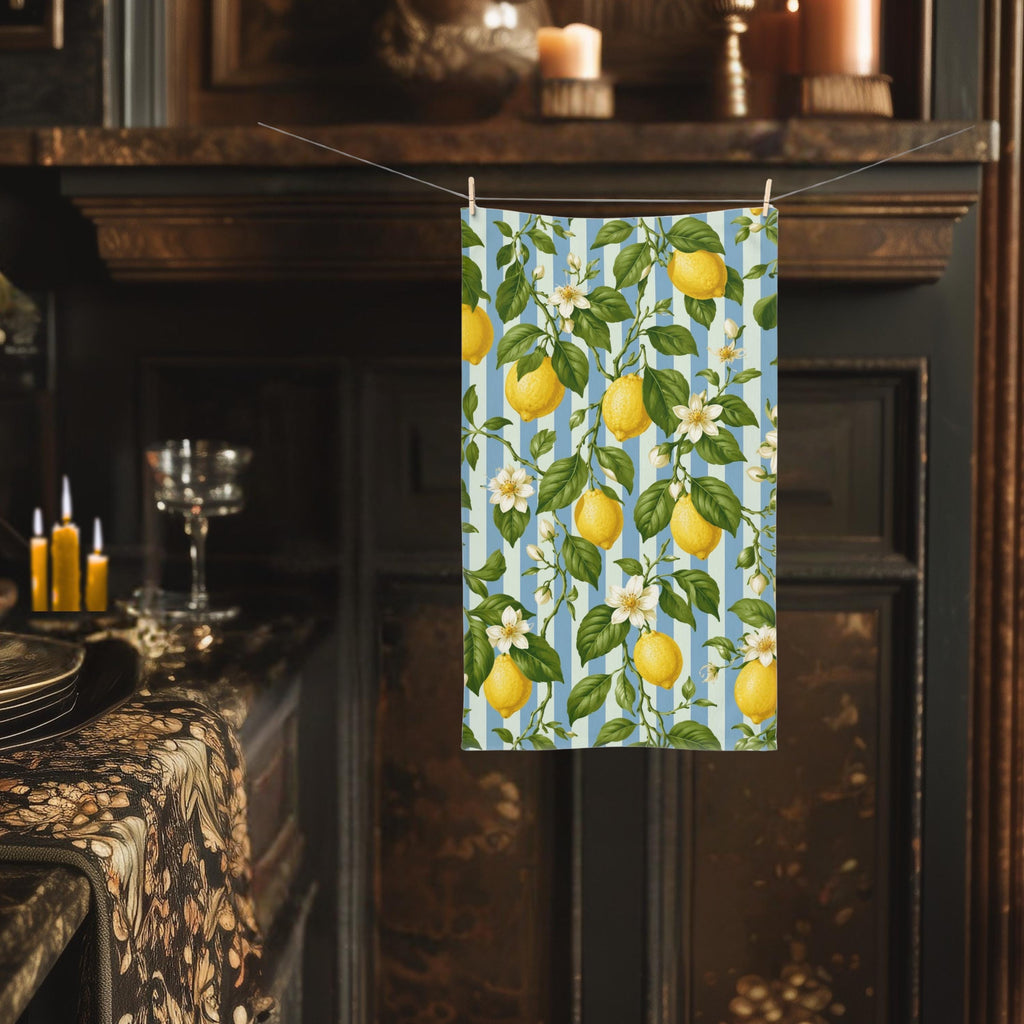 Lemon Soft Blue Stripe Hand Towel: with Green Leaves and White Florals