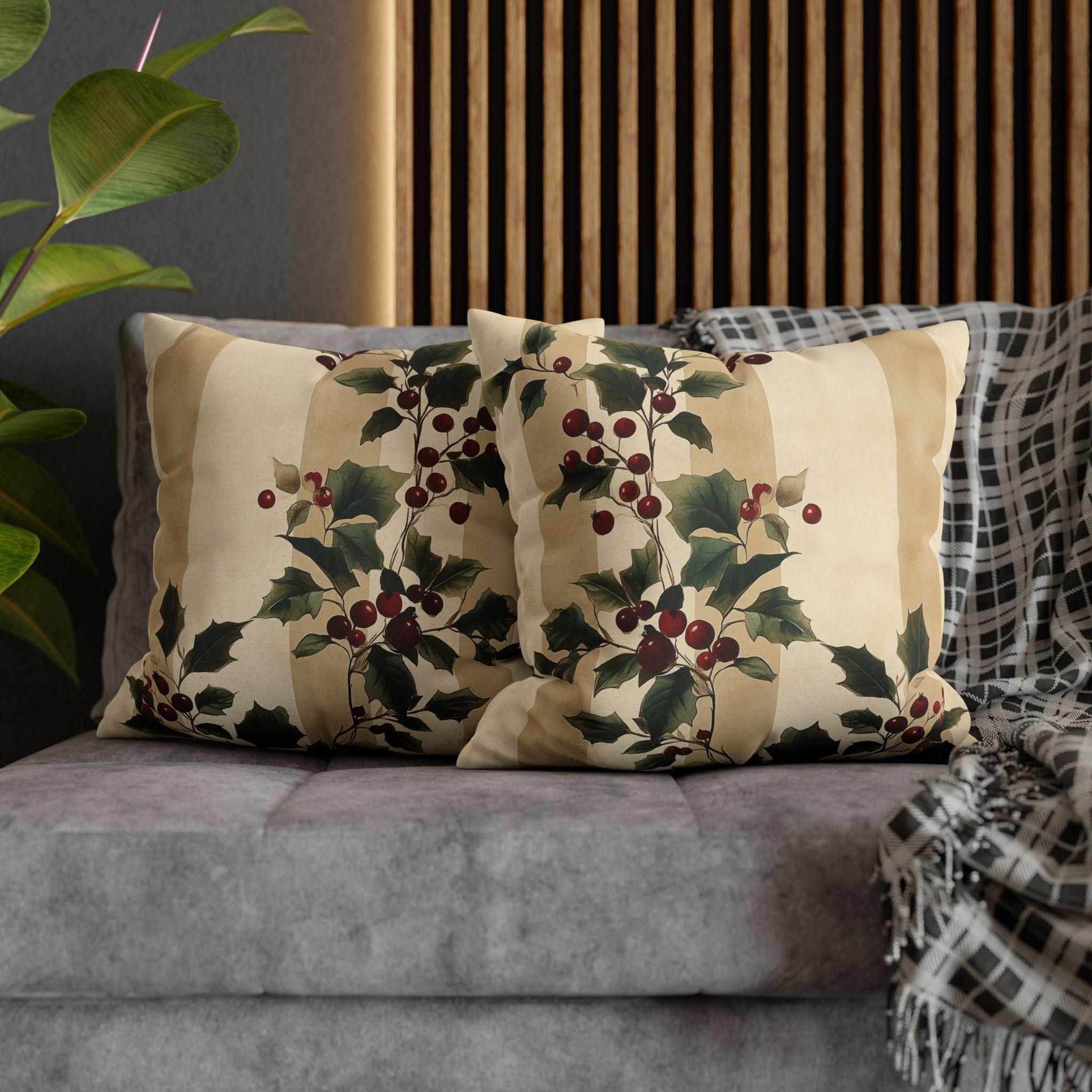 Vintage Style Holly & Stripes Pillow Cover: Classic Christmas Botanical Accent