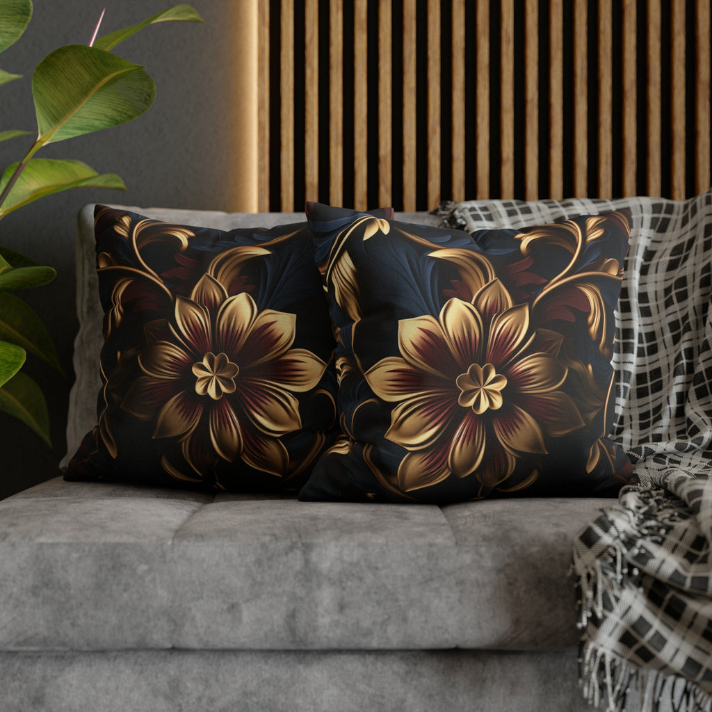 Luxurious Baroque Floral Pillow Cover: Burgundy & Gold on Navy Background, Ornate Design