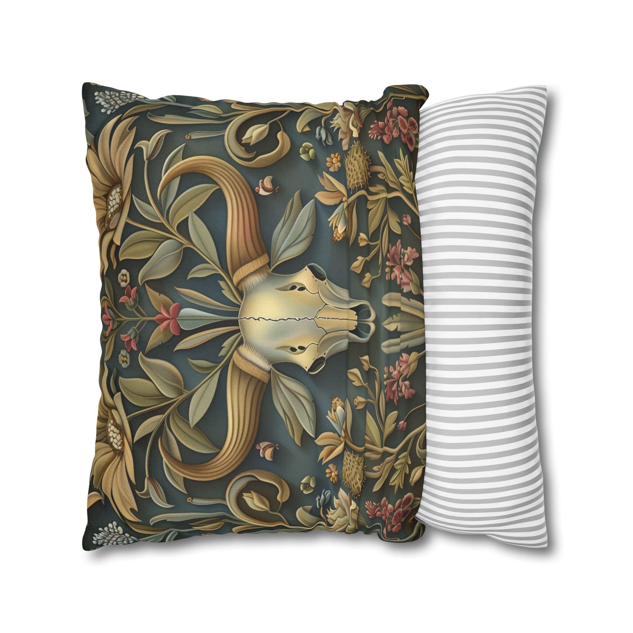 Longhorn Skull Floral Pillow Cover: Western Arts & Crafts Decor with Morris-Inspired Southwest Design