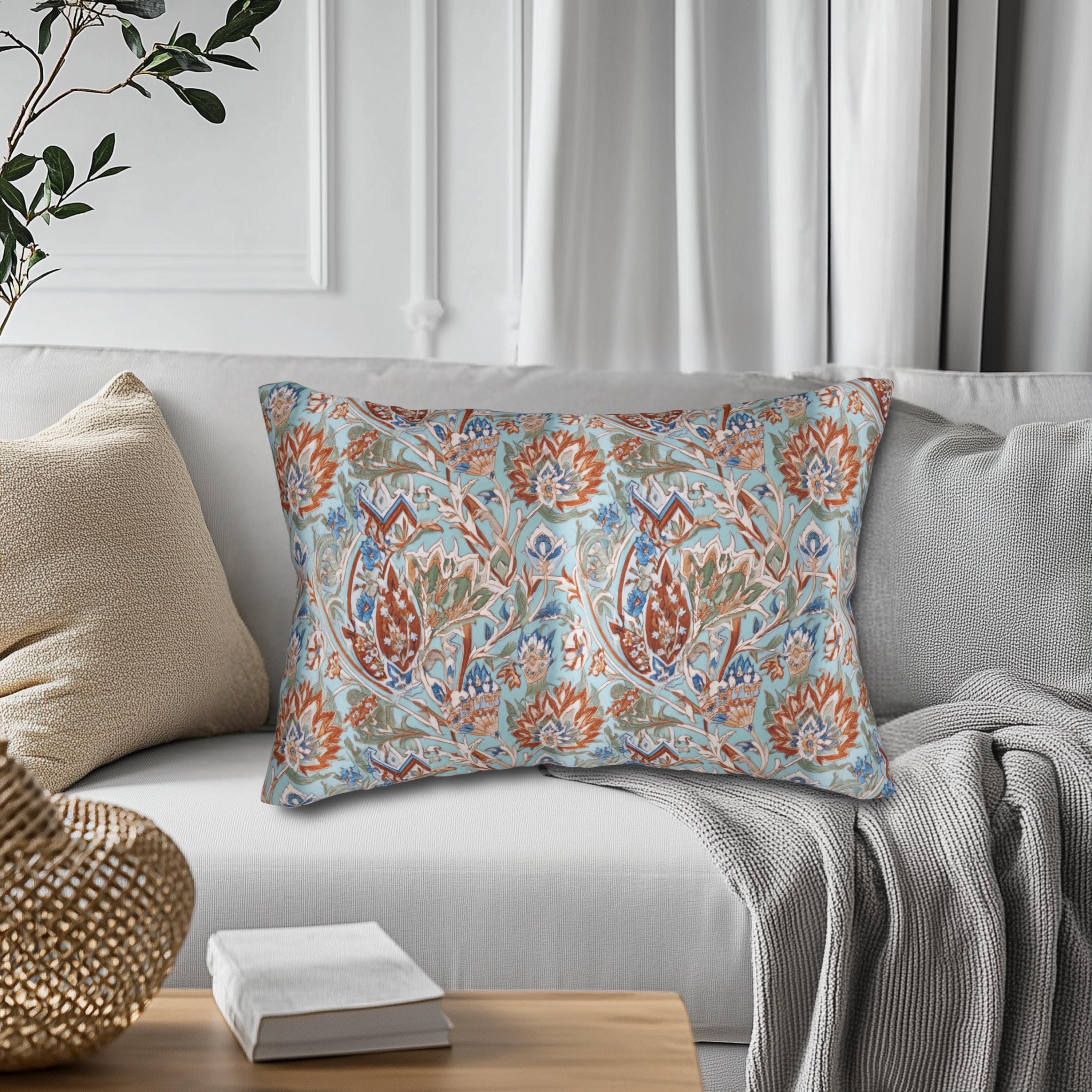 Ottoman Garden Lumbar Pillow: Iznik-Style Tulips, Aqua Ground, Global Sophistication