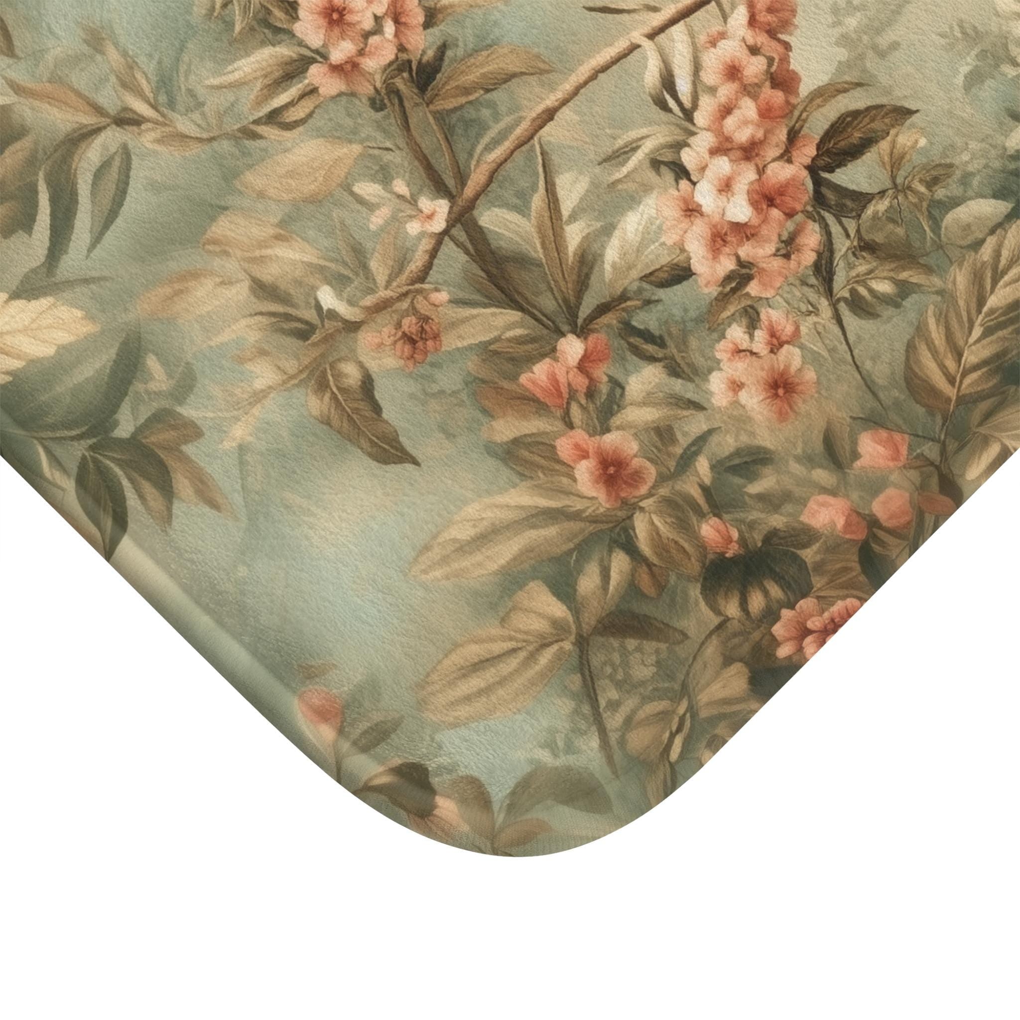 William Morris Botanical Bathmat: Sage Blush Teal Hummingbird Arts & Crafts Design