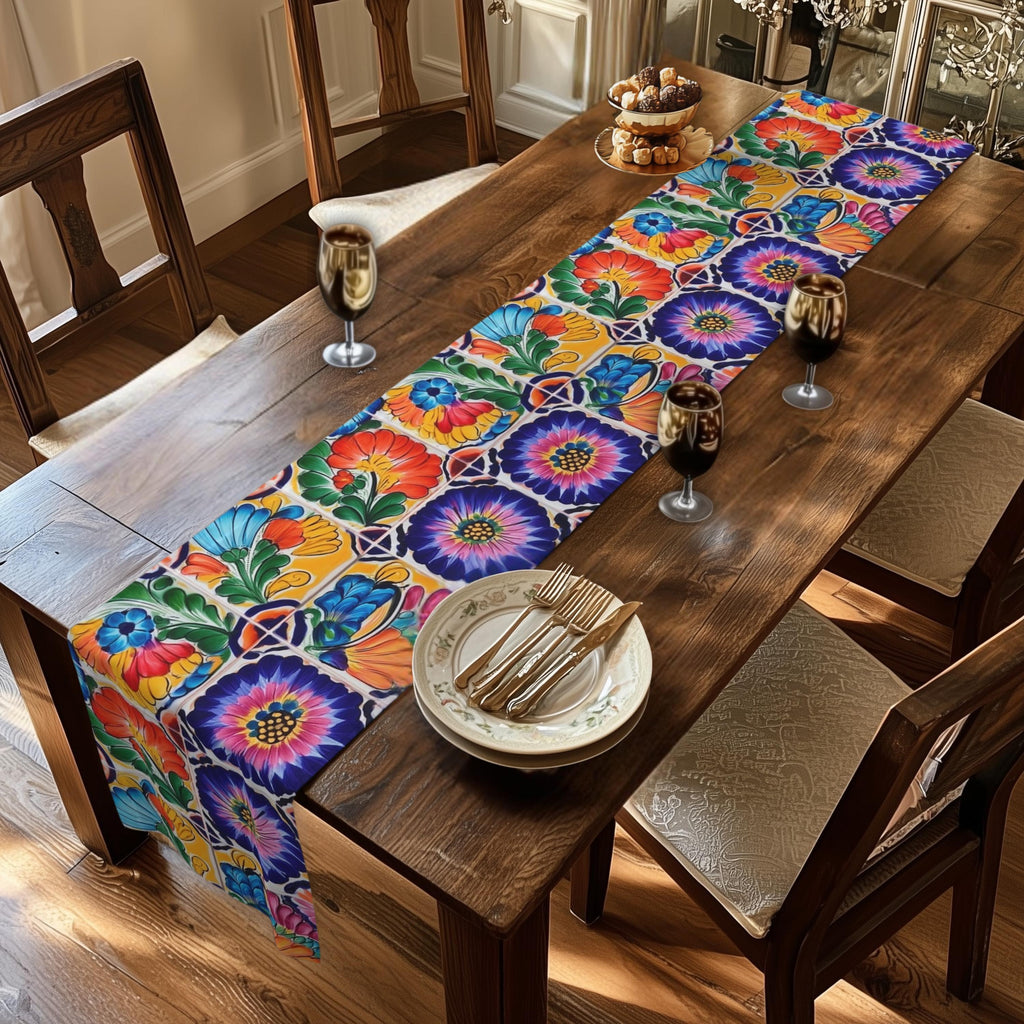 Mexican Table Runner: Colorful Floral Tile Pattern Celebrating the Artistry of Mexico