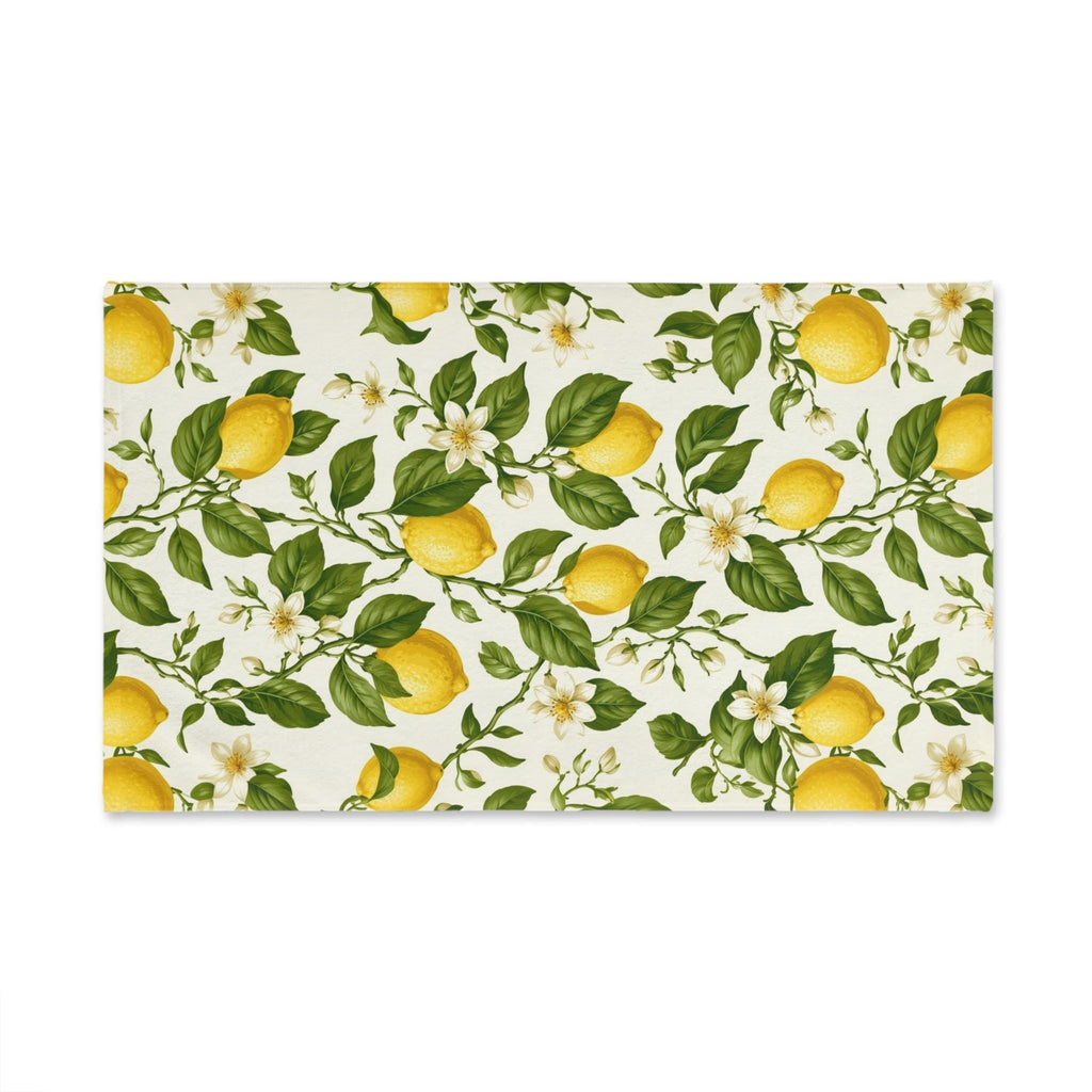 Lemon Hand Towel: with Green Leaves and Florals on a Creamy White Background