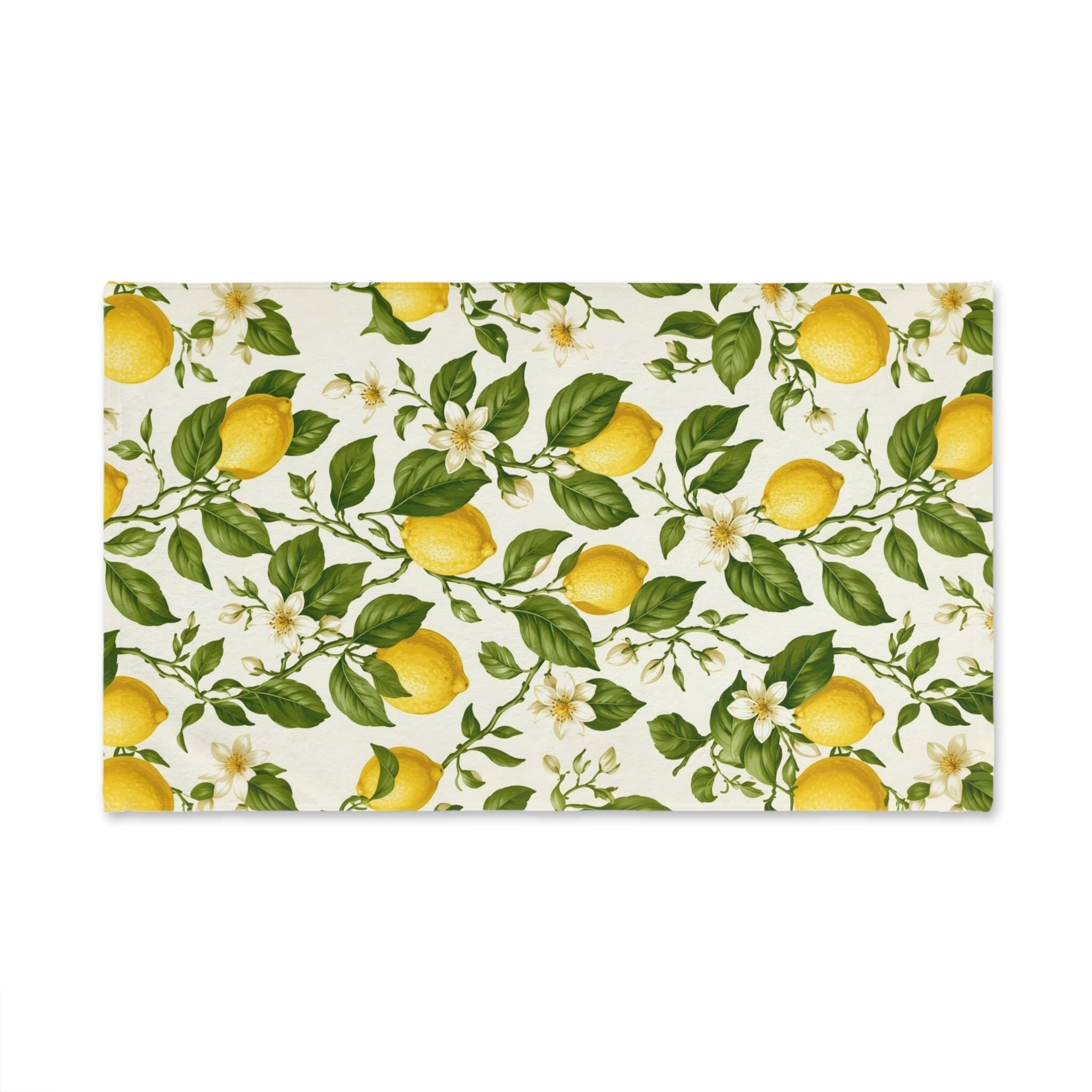 Lemon Hand Towel: with Green Leaves and Florals on a Creamy White Background