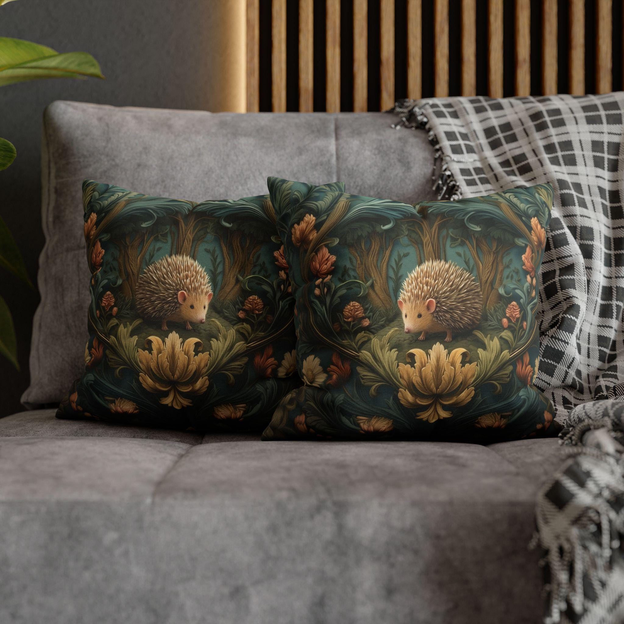 William Morris Inspired Pillow Cover: Woodland Hedgehog Storybook Forest Botanical