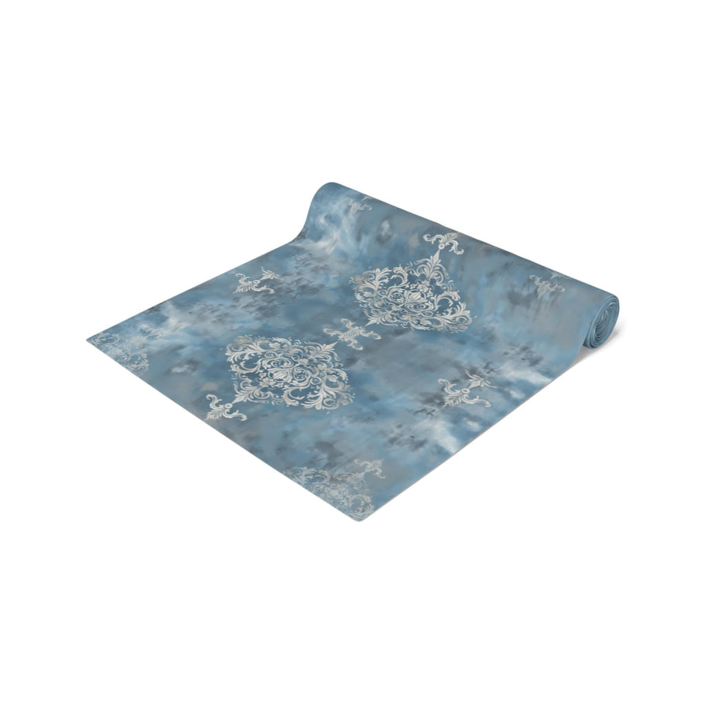 Elegant Silvery White Damask Table Runner: Soft Blue & Gray Classic Pattern for Sophisticated Dining