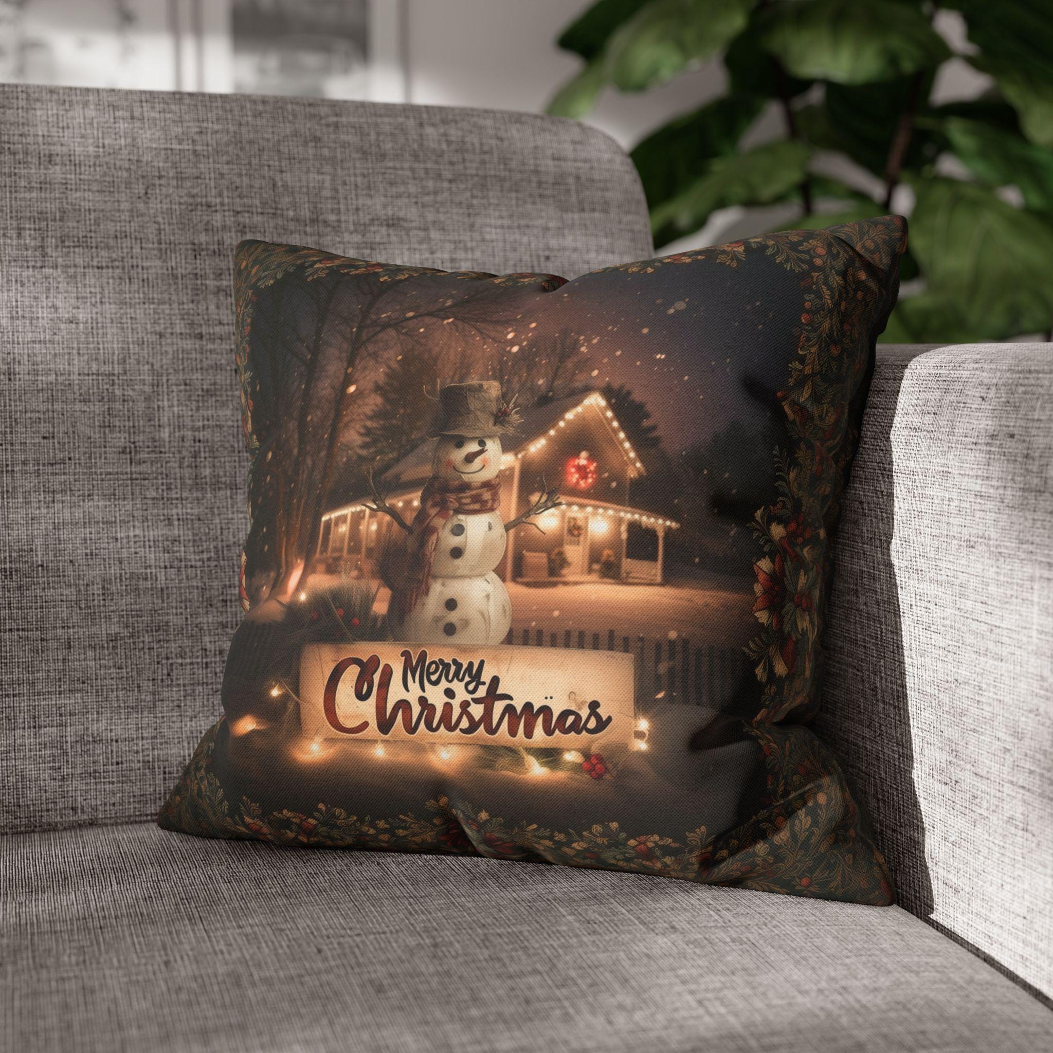 Country Farmhouse Christmas Snowman Pillow Cover with Intricate Botanicals and Vines Border